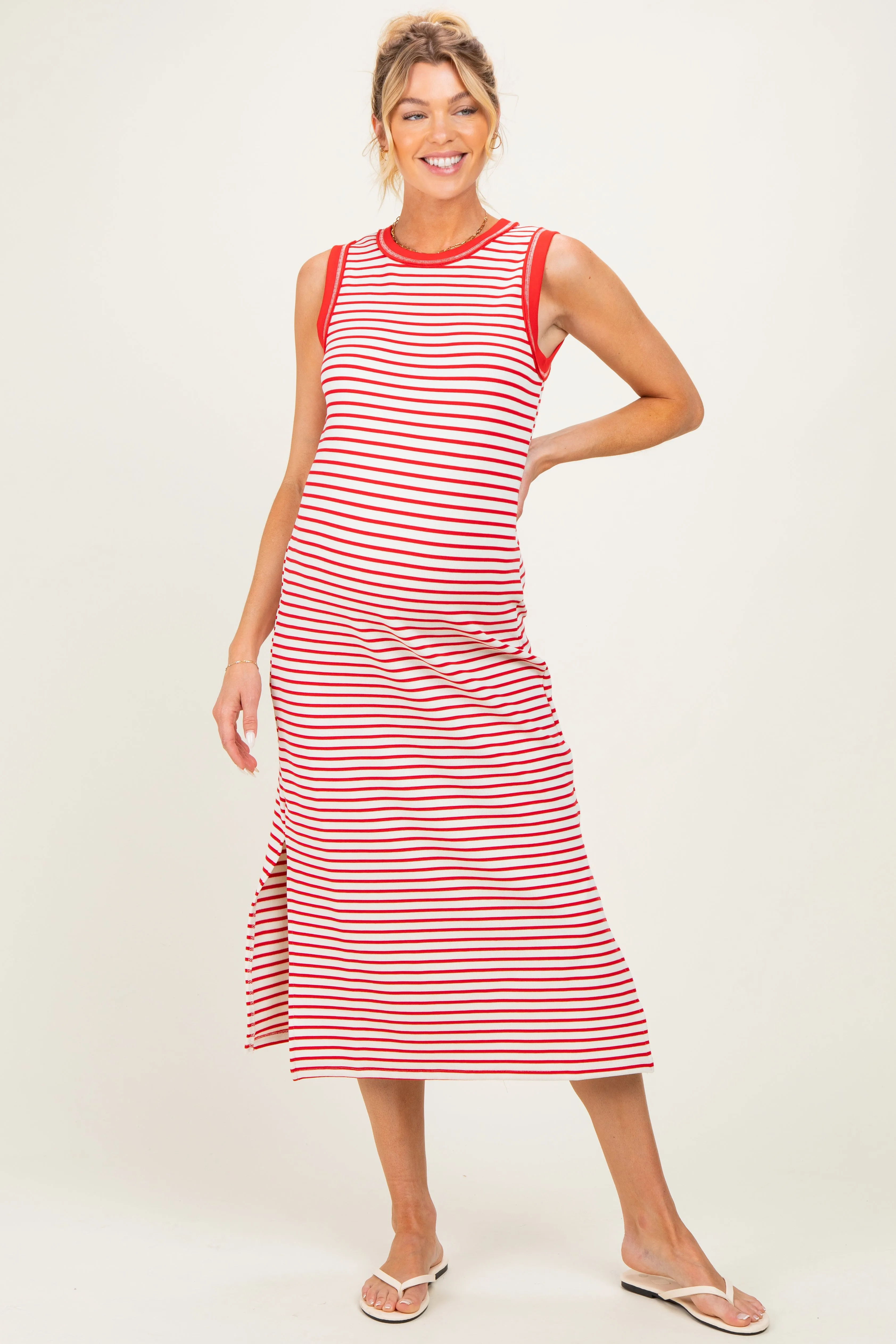 Red Striped Solid Trim Sleeveless Maternity Midi Dress sold by Pinkblush