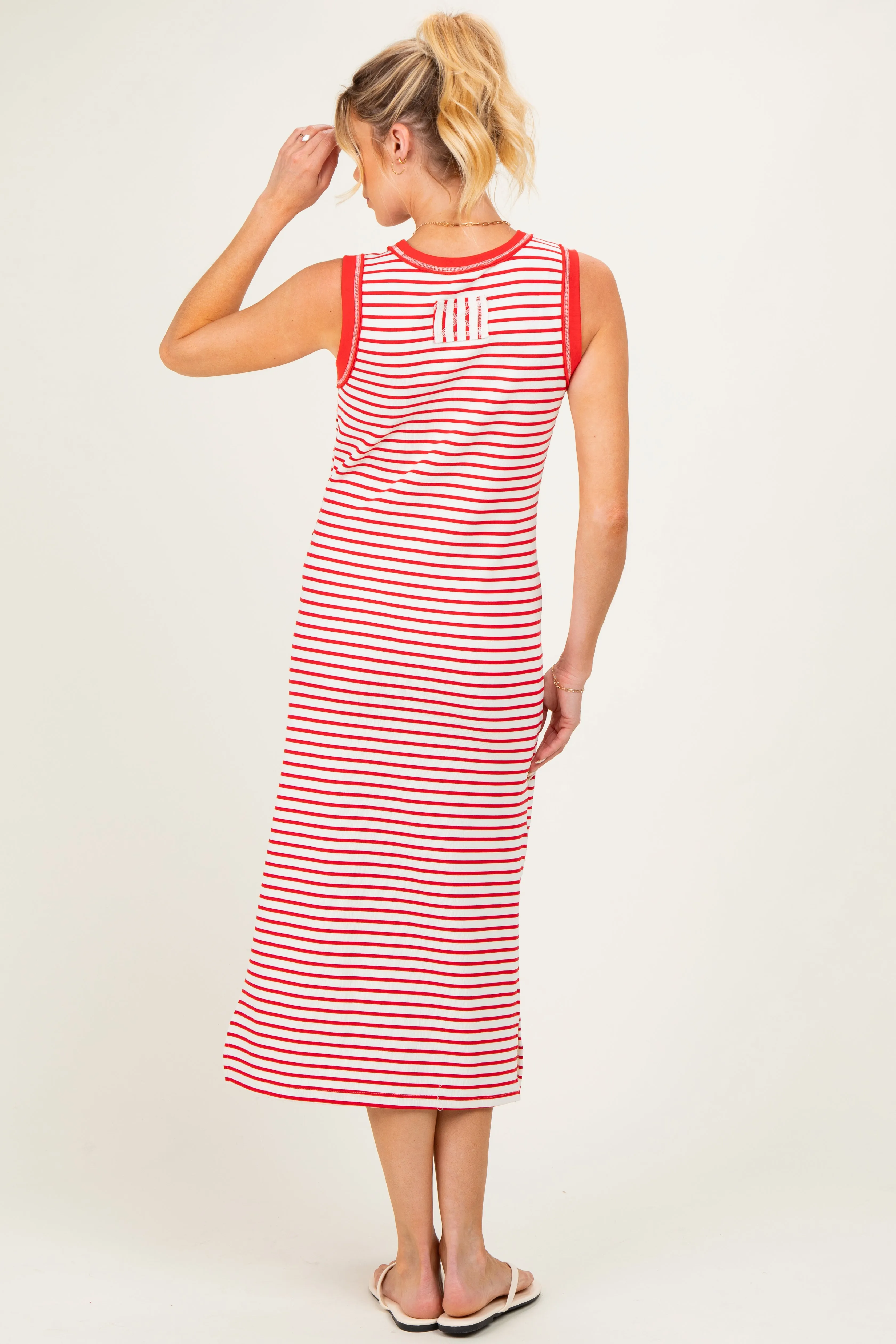 Red Striped Solid Trim Sleeveless Maternity Midi Dress sold by Pinkblush product image thumbnail 3
