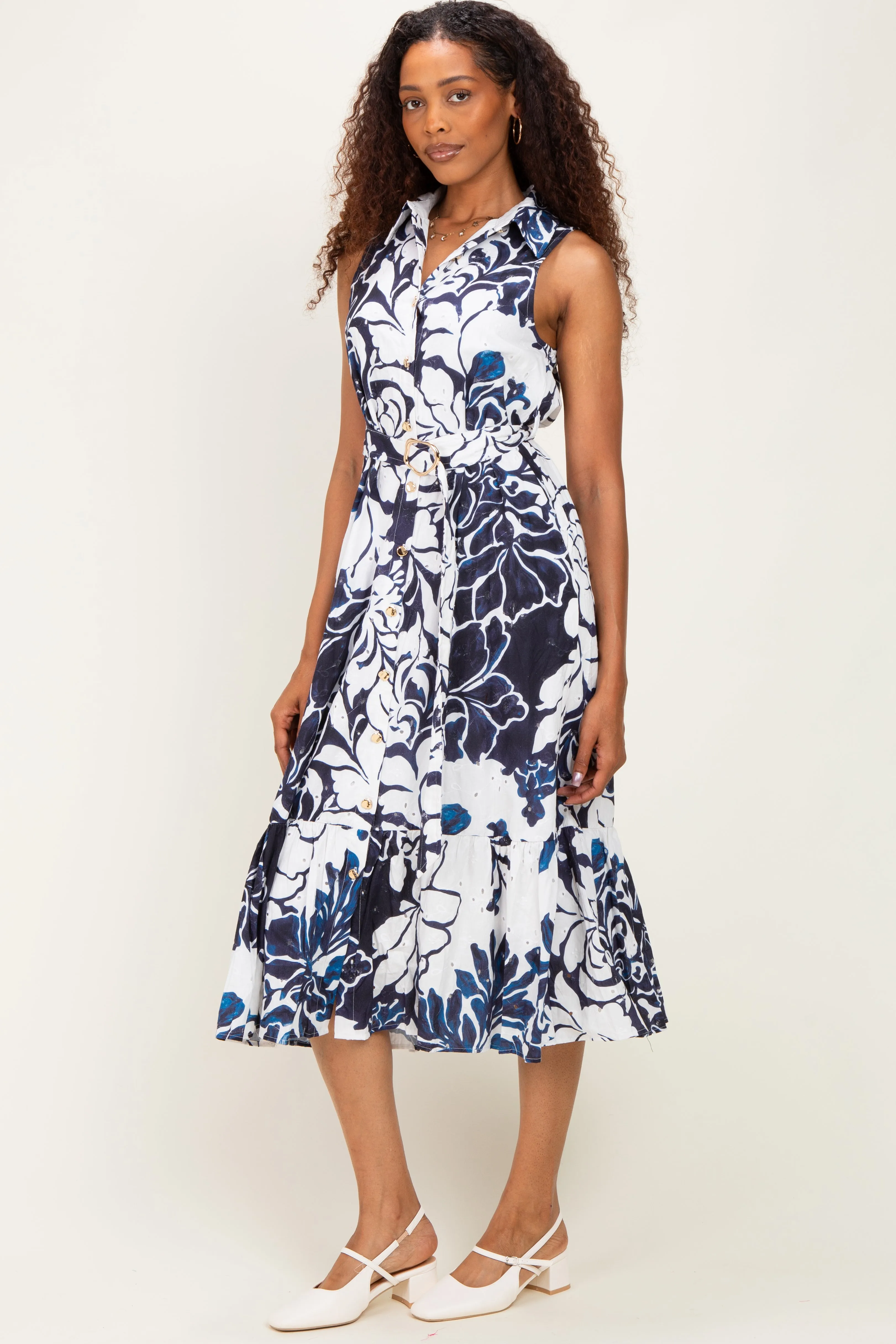 Navy Floral Belted Sleeveless Shirt Dress sold by Pinkblush product image thumbnail 2
