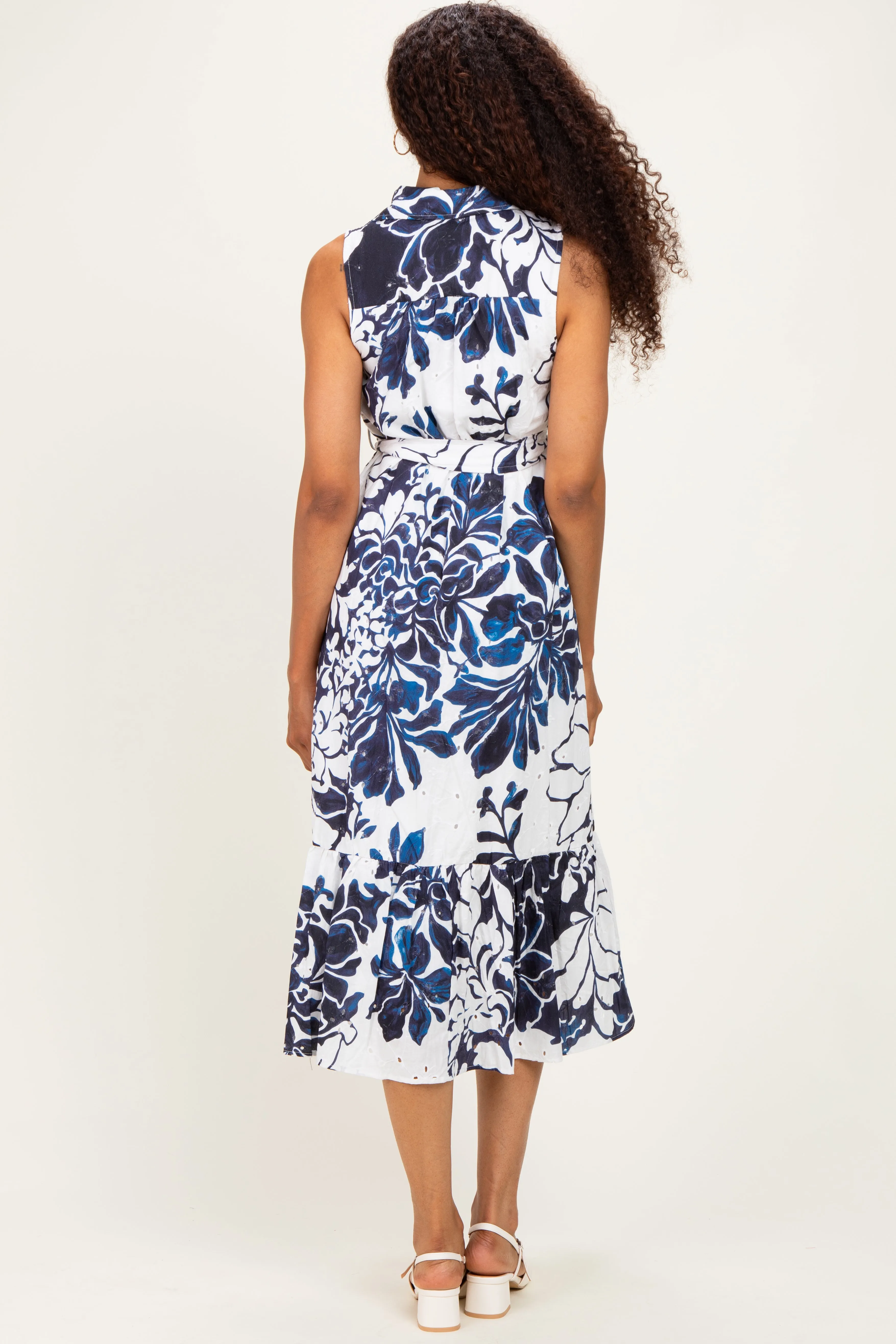 Navy Floral Belted Sleeveless Shirt Dress sold by Pinkblush product image thumbnail 3
