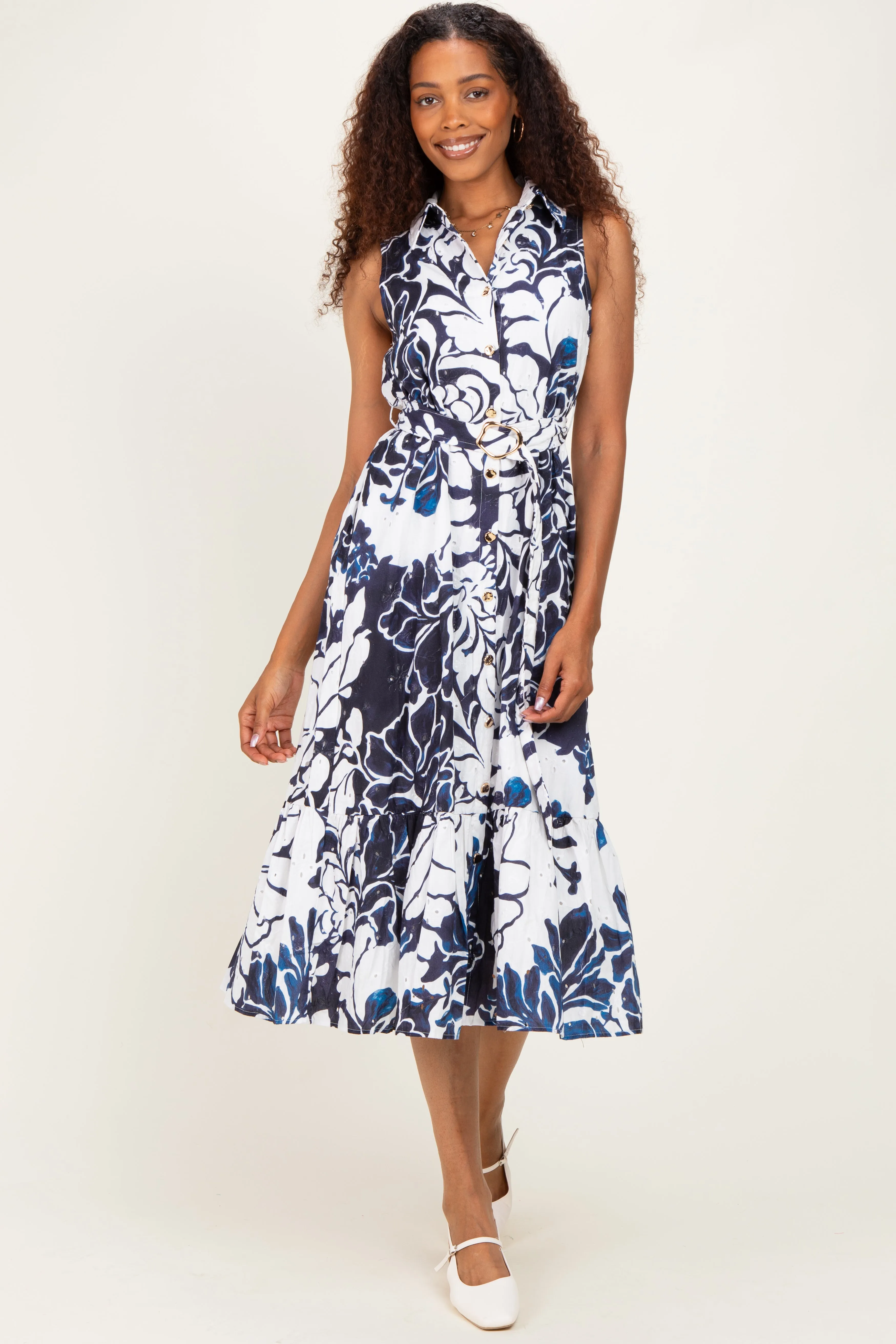 Navy Floral Belted Sleeveless Shirt Dress sold by Pinkblush