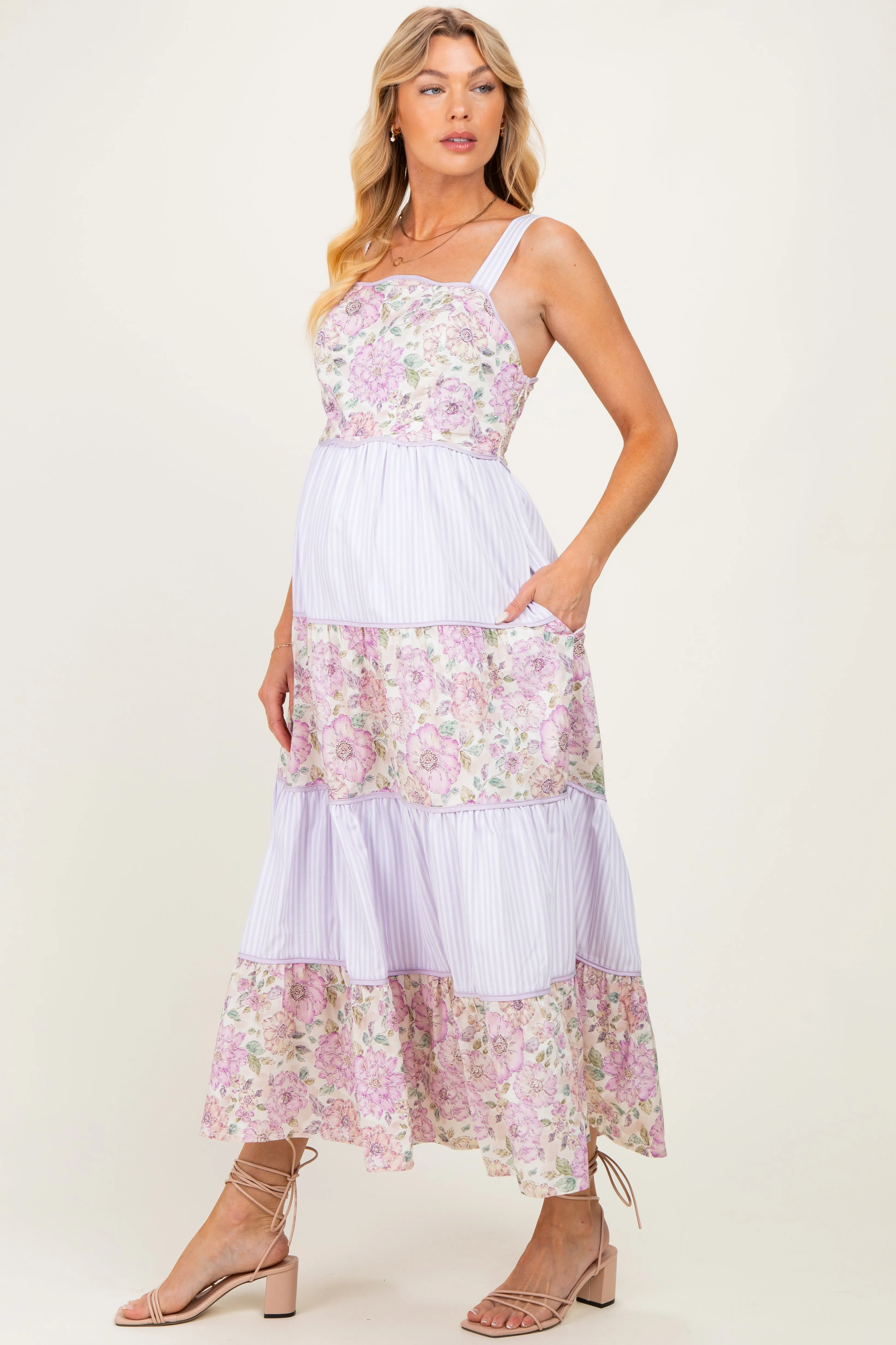 Lavender Multi Floral Tiered Sleeveless Maternity Midi Dress sold by Pinkblush product image thumbnail 2