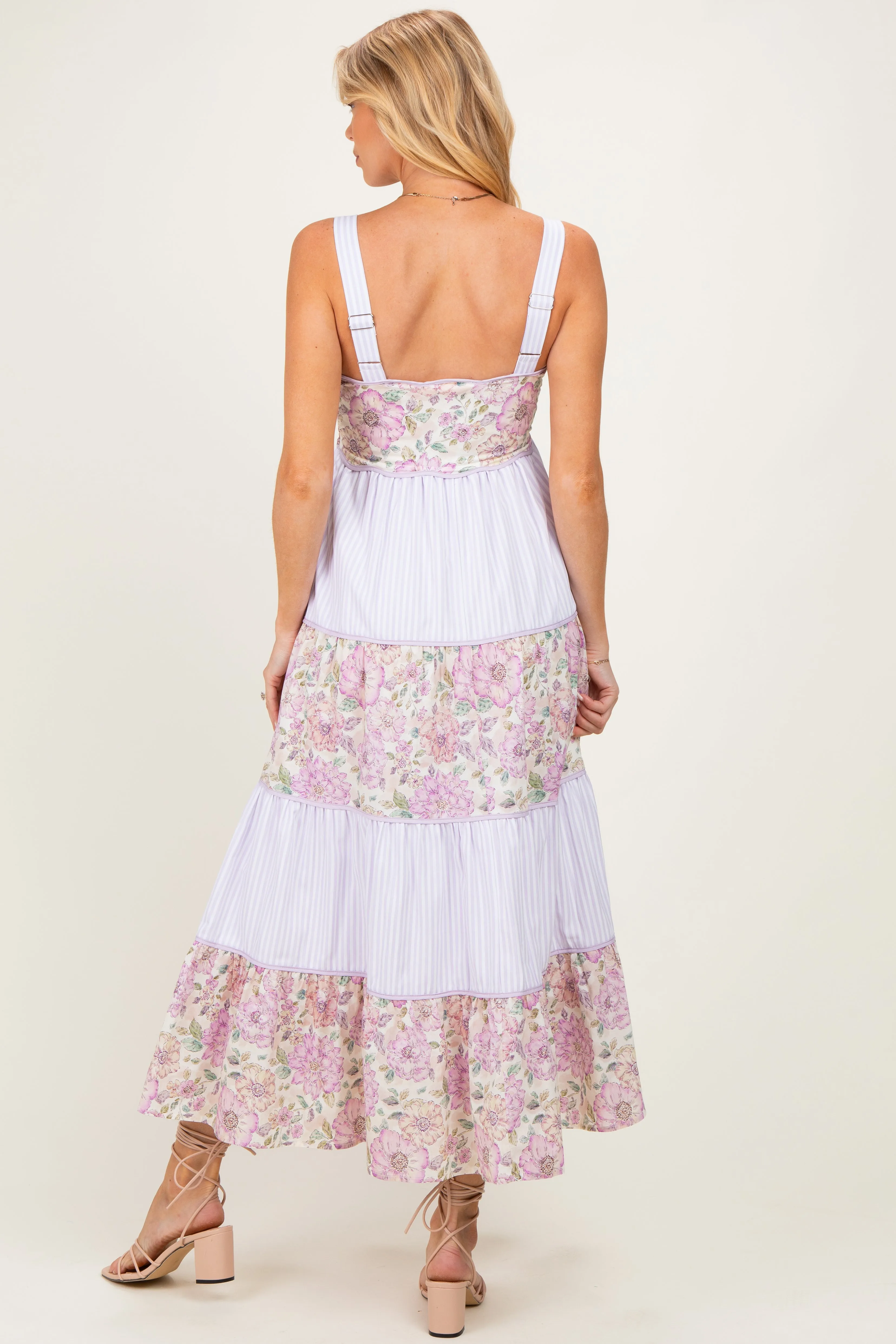 Lavender Multi Floral Tiered Sleeveless Maternity Midi Dress sold by Pinkblush product image thumbnail 3