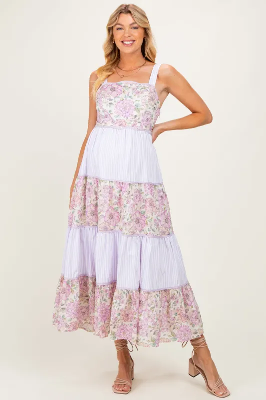 Lavender Multi Floral Tiered Sleeveless Maternity Midi Dress made by In February