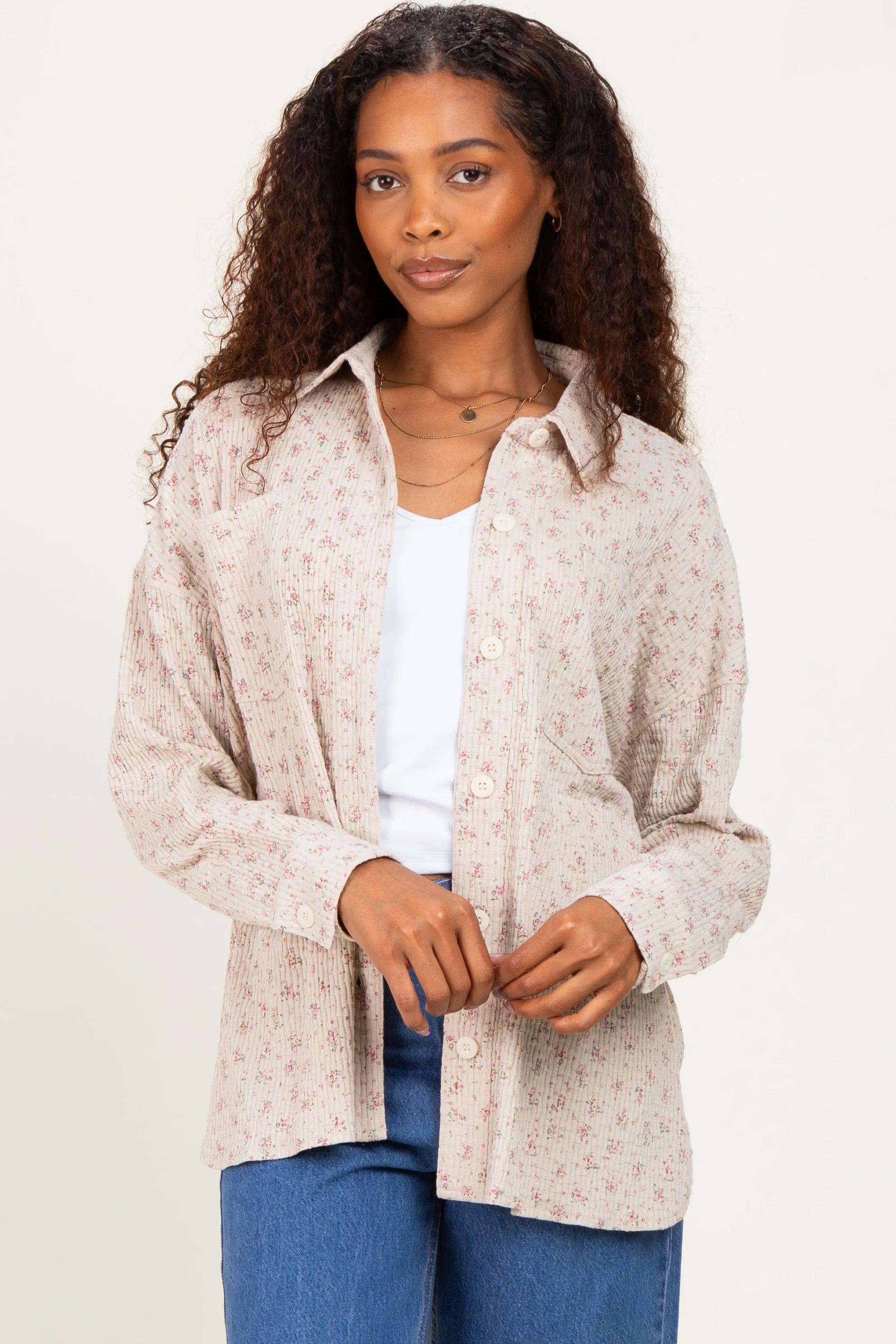 Oatmeal Floral Textured Knit Shirt Jacket sold by Pinkblush product image thumbnail 2