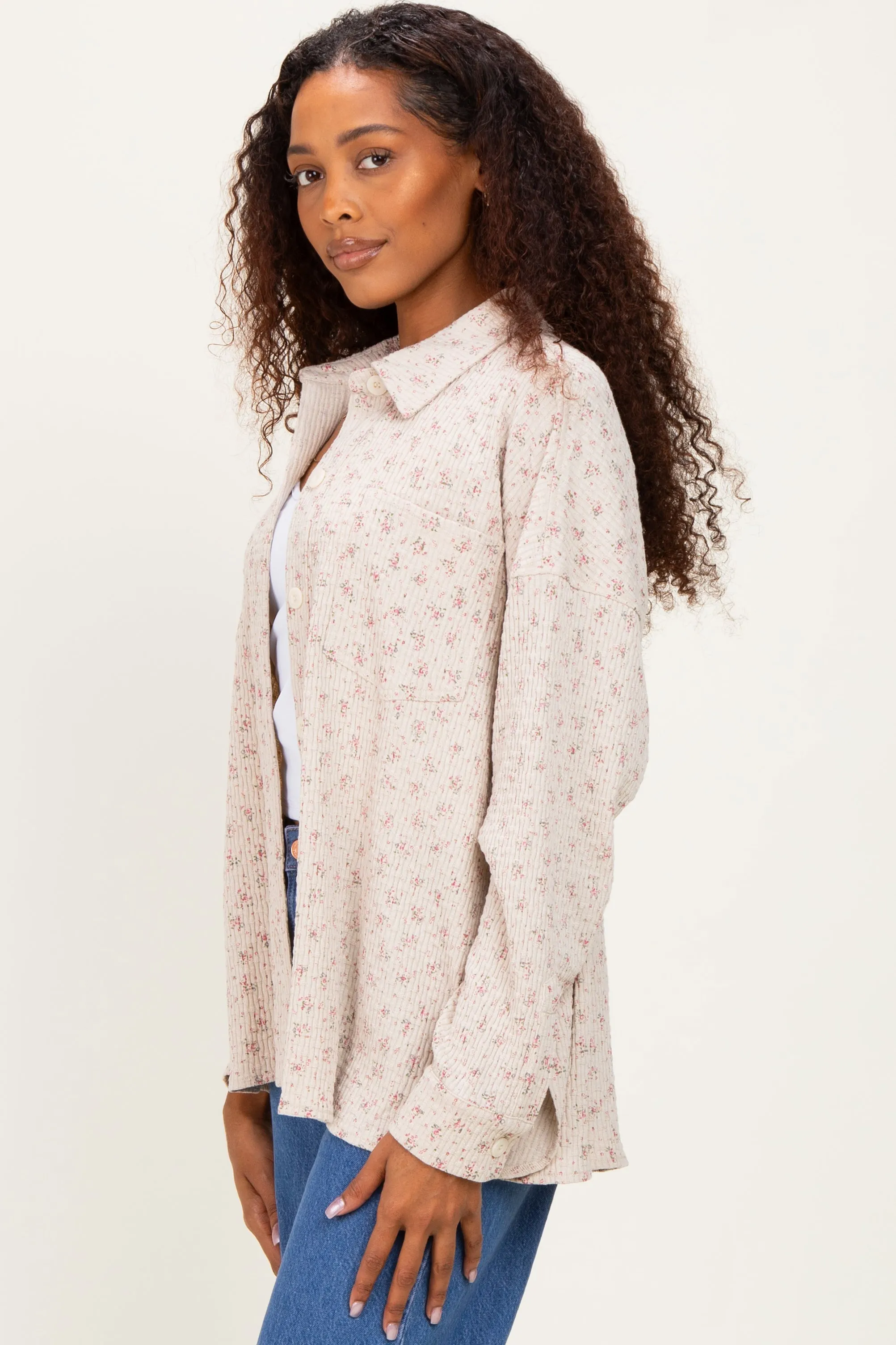 Oatmeal Floral Textured Knit Shirt Jacket sold by Pinkblush product image thumbnail 3