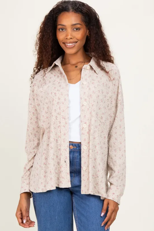 Oatmeal Floral Textured Knit Shirt Jacket made by BiBi
