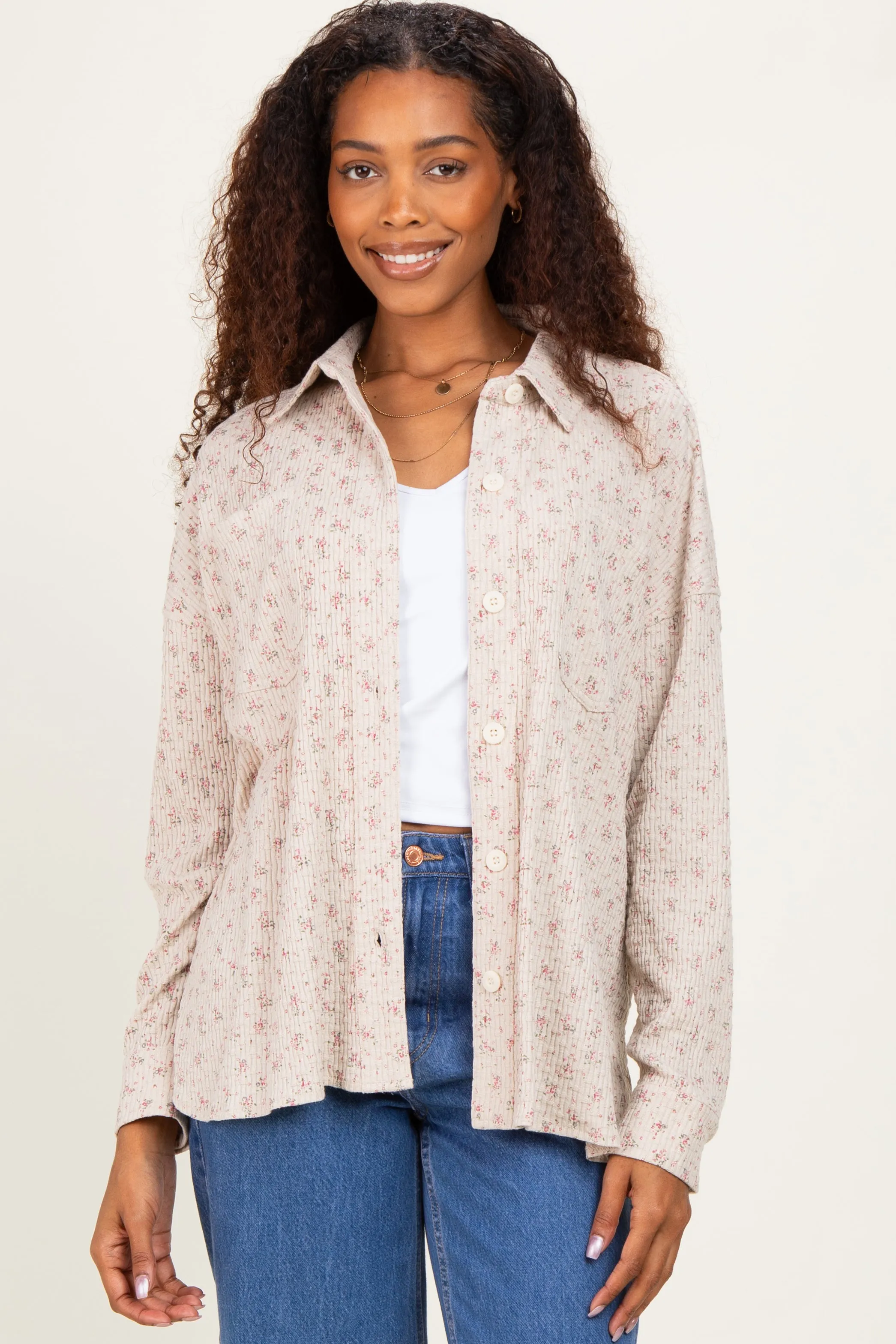 Oatmeal Floral Textured Knit Shirt Jacket sold by Pinkblush