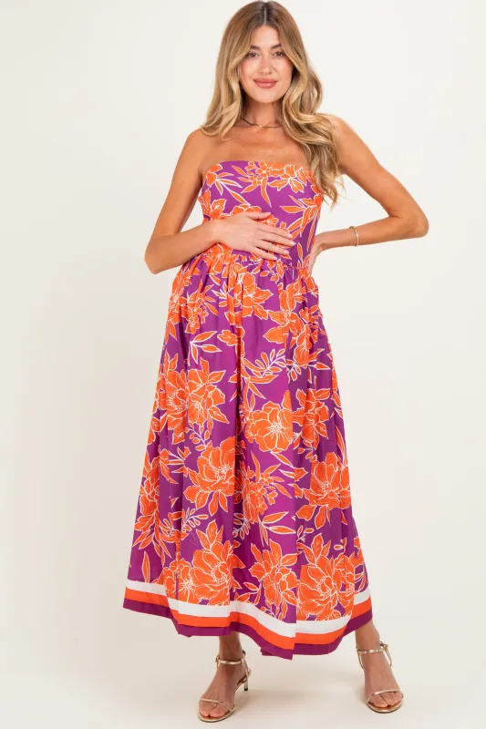 Plum Floral Strapless Maternity Midi Dress made by entro