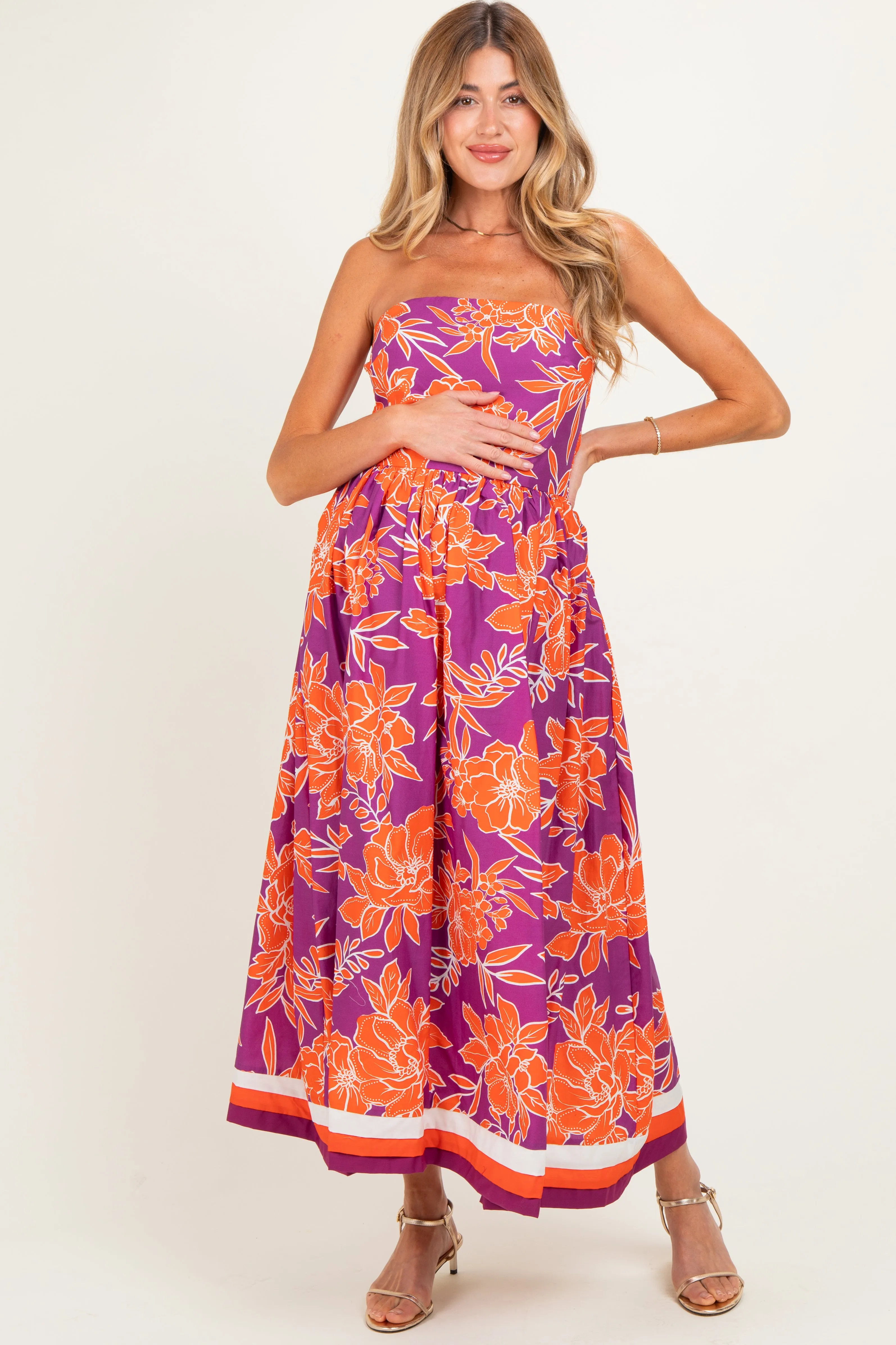 Plum Floral Strapless Maternity Midi Dress sold by Pinkblush