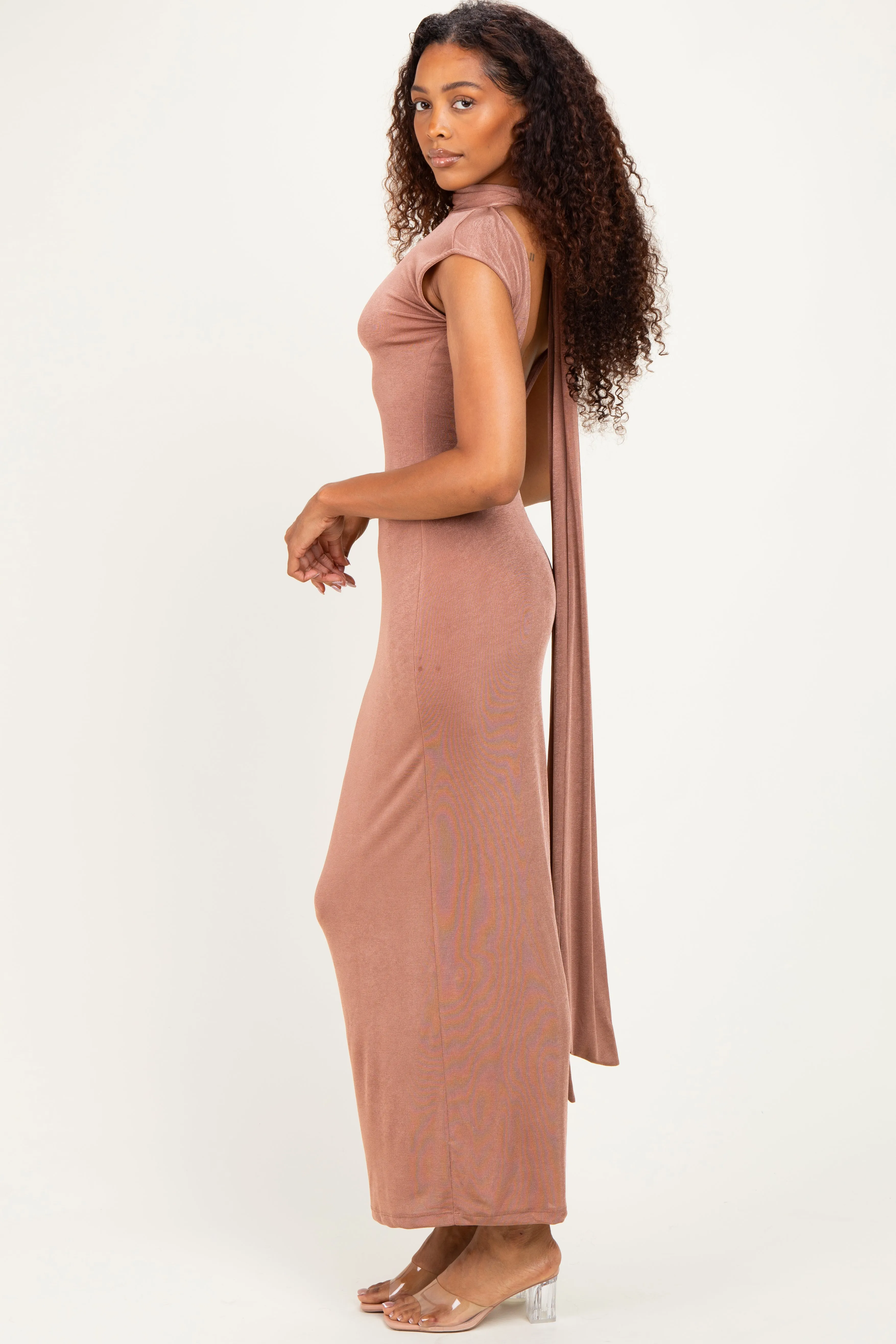 Brown Open Back Scarf Neck Maxi Dress sold by Pinkblush product image thumbnail 2