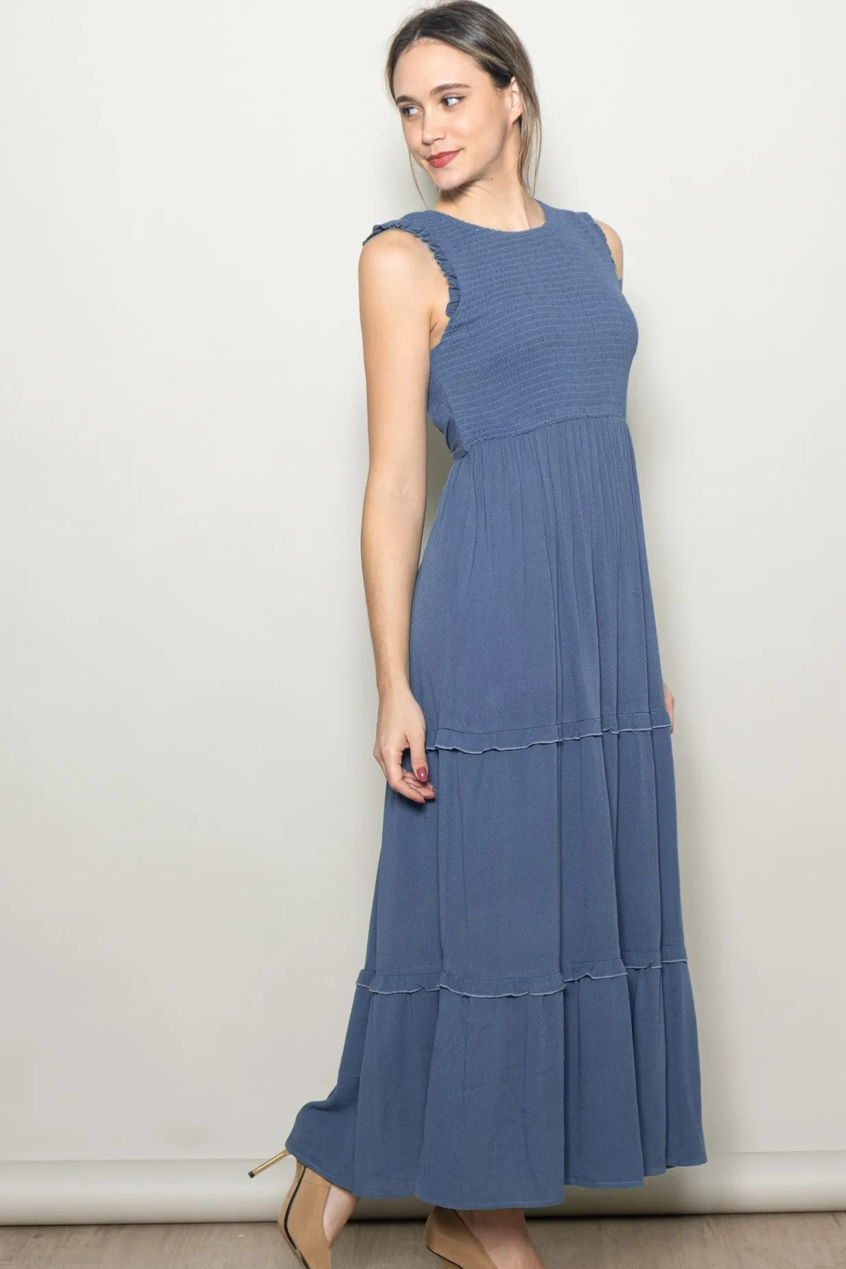 Light Navy Smocked Sleeveless Tiered Maxi Dress sold by Pinkblush product image thumbnail 3
