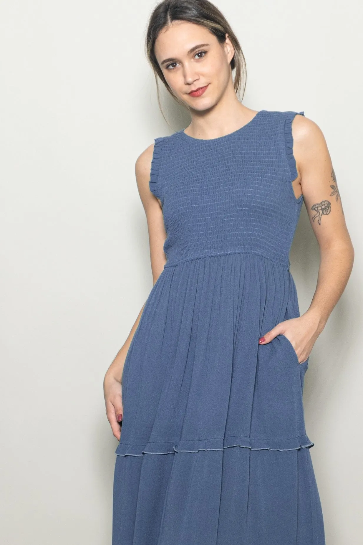 Light Navy Smocked Sleeveless Tiered Maxi Dress sold by Pinkblush product image thumbnail 4
