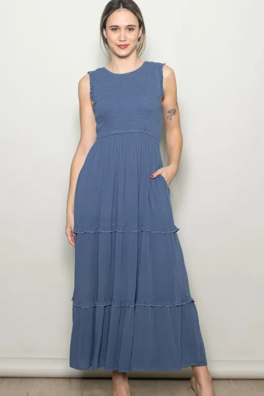 Light Navy Smocked Sleeveless Tiered Maxi Dress made by Pinkblush