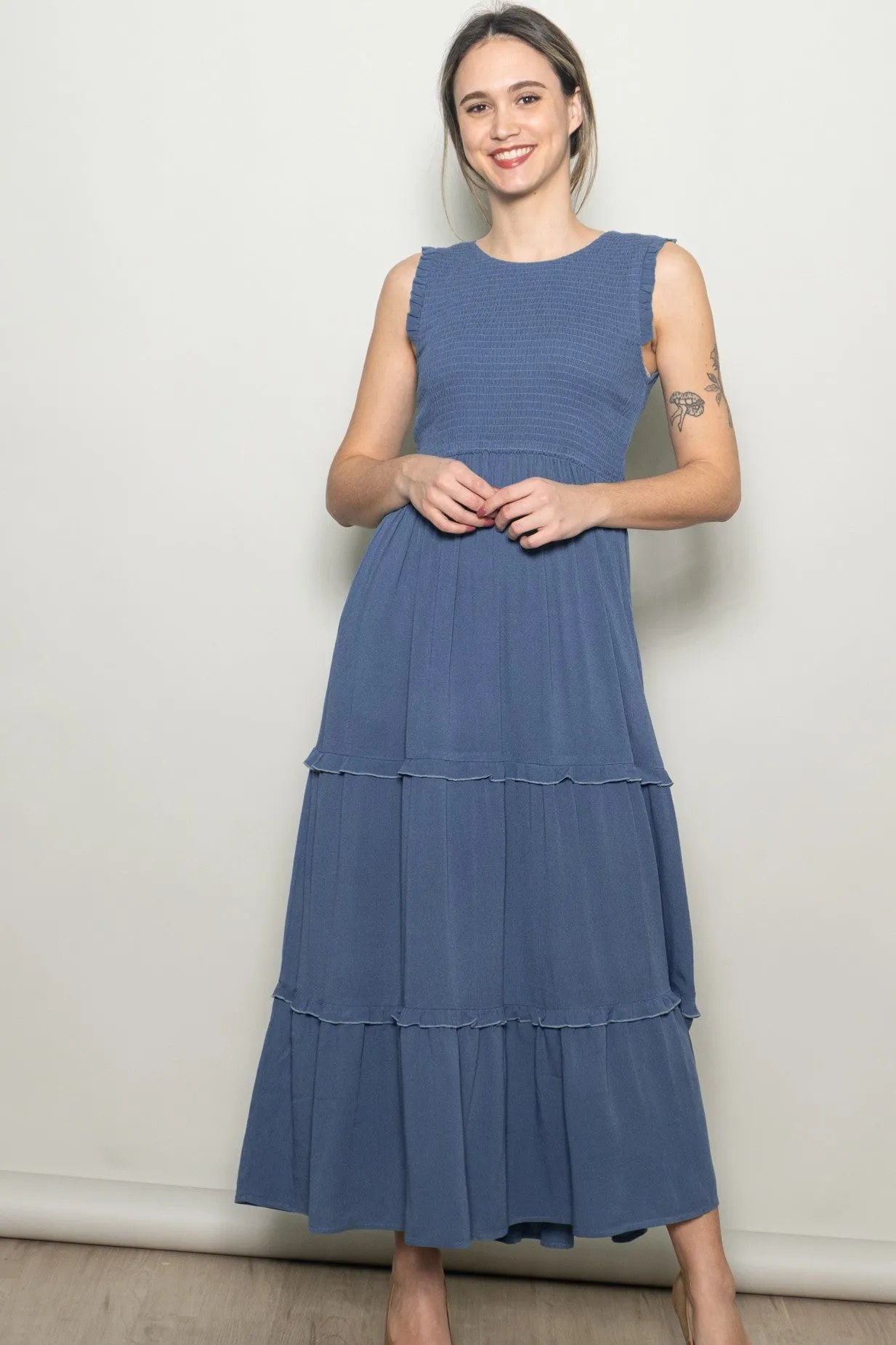 Light Navy Smocked Sleeveless Tiered Maxi Dress sold by Pinkblush product image thumbnail 2