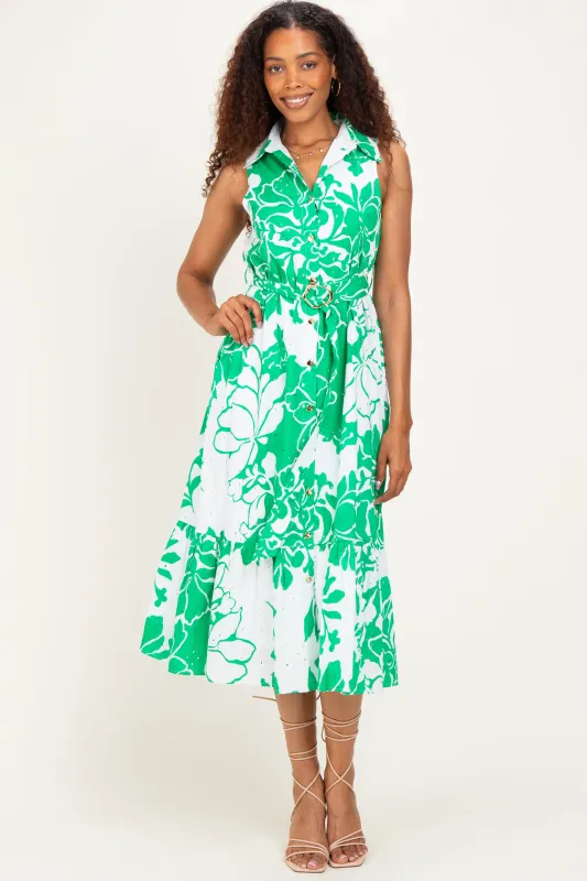 Green Floral Belted Sleeveless Shirt Dress made by entro