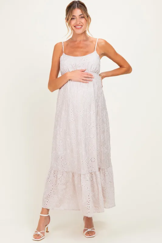 Beige Eyelet Lace Sleeveless Ruffle Hem Maternity Maxi Dress made by Pinkblush