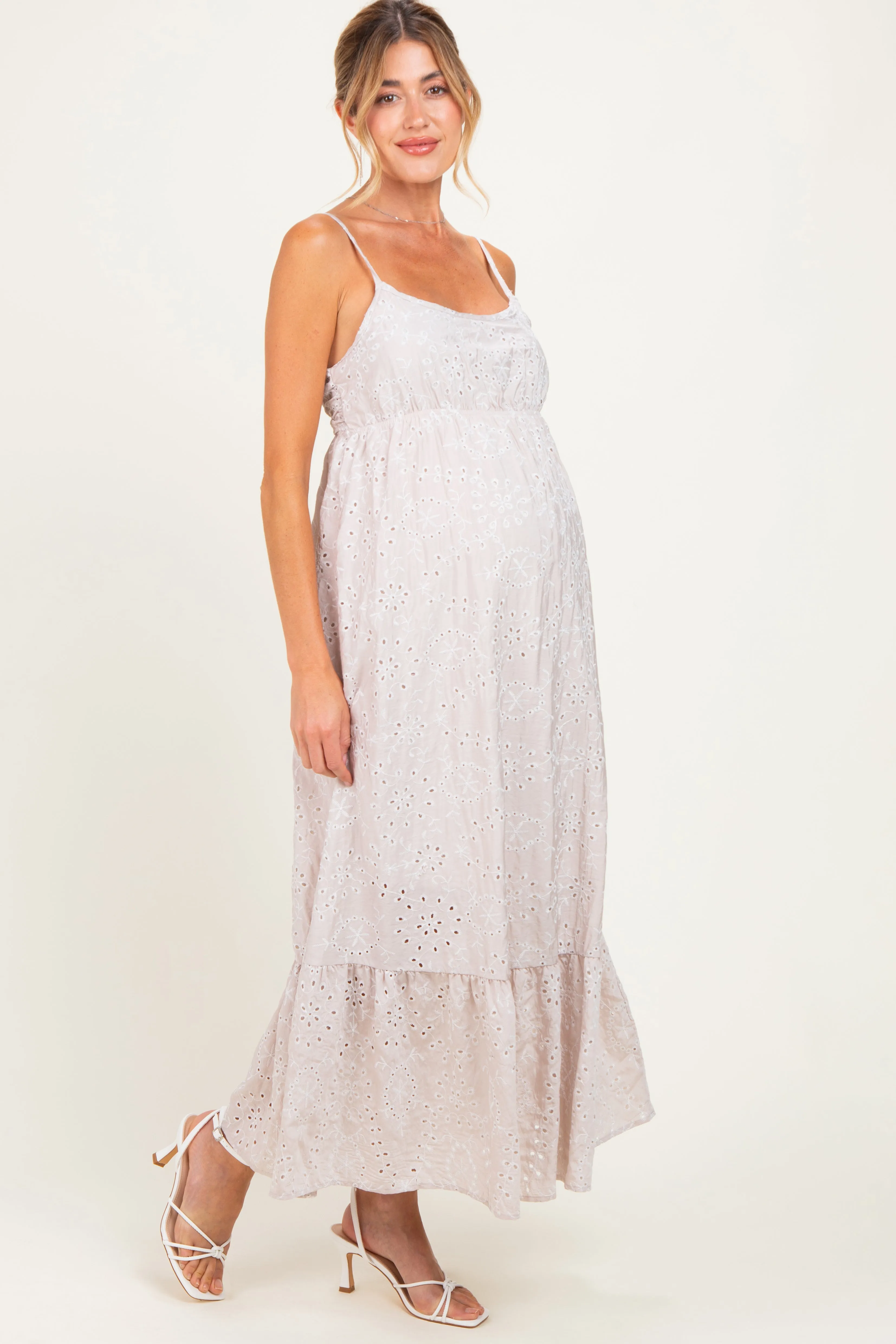 Beige Eyelet Lace Sleeveless Ruffle Hem Maternity Maxi Dress sold by Pinkblush product image thumbnail 2