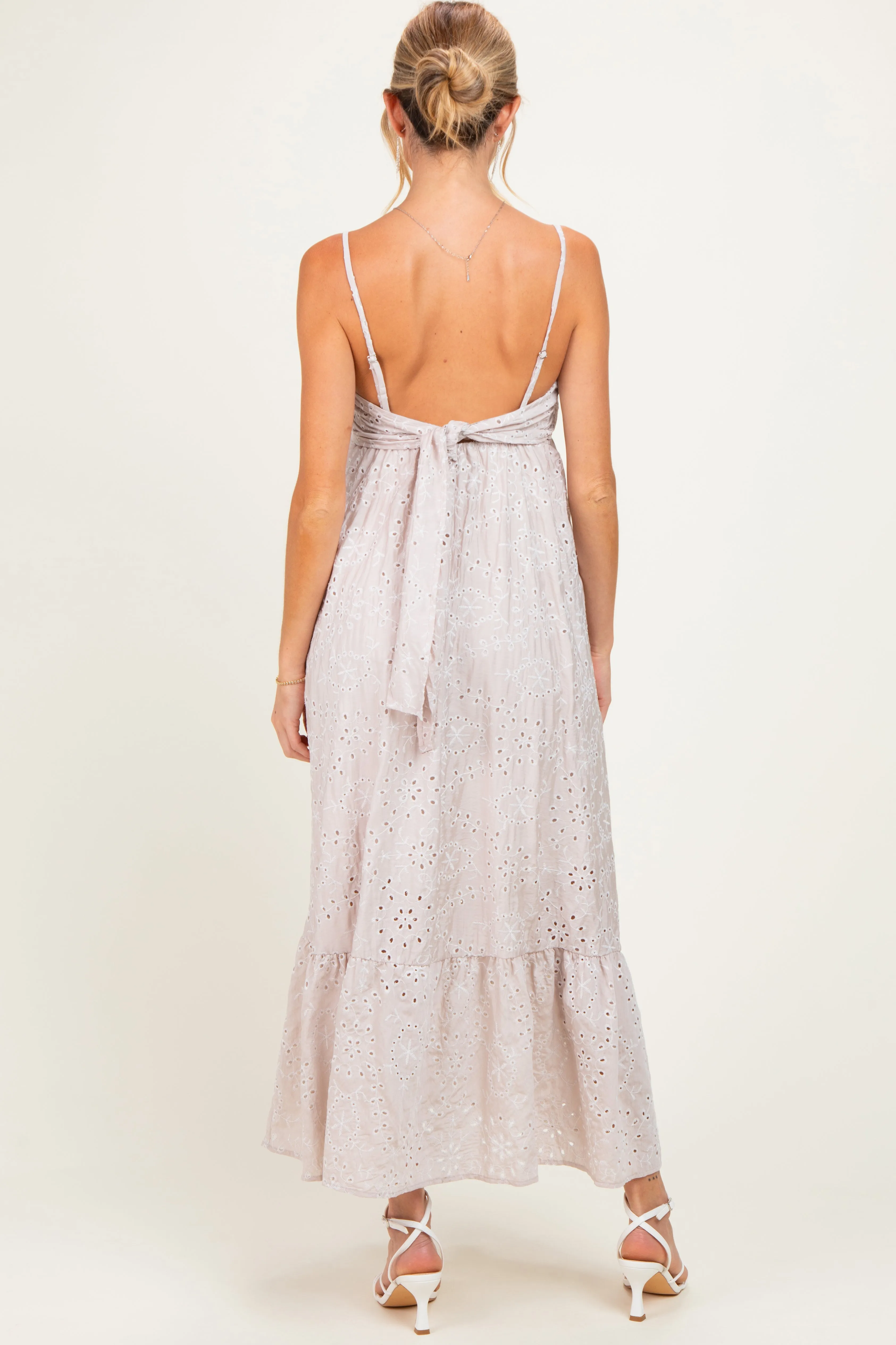 Beige Eyelet Lace Sleeveless Ruffle Hem Maternity Maxi Dress sold by Pinkblush product image thumbnail 3