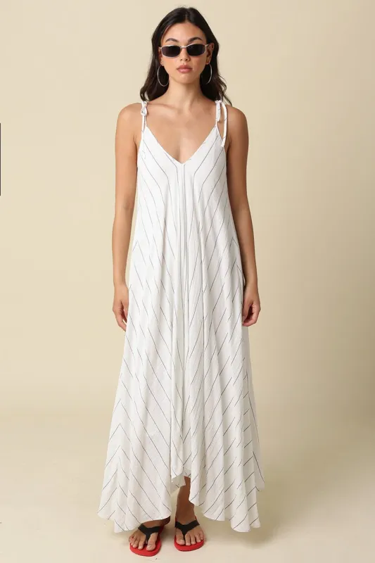 White Blue Striped Shoulder Tie Maxi Dress made by Olivaceous