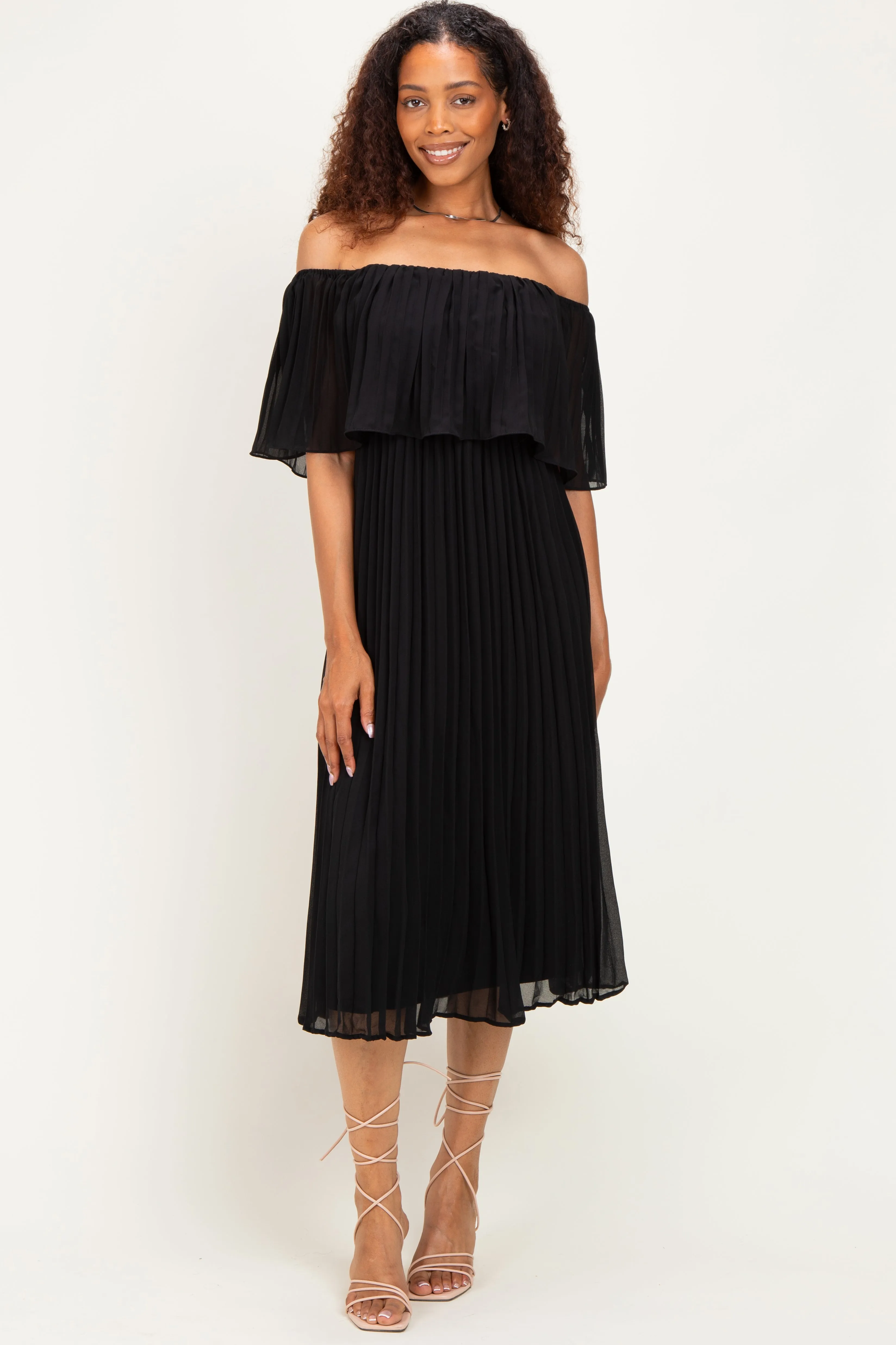Black Pleated Off Shoulder Flounce Midi Dress sold by Pinkblush product image thumbnail 2