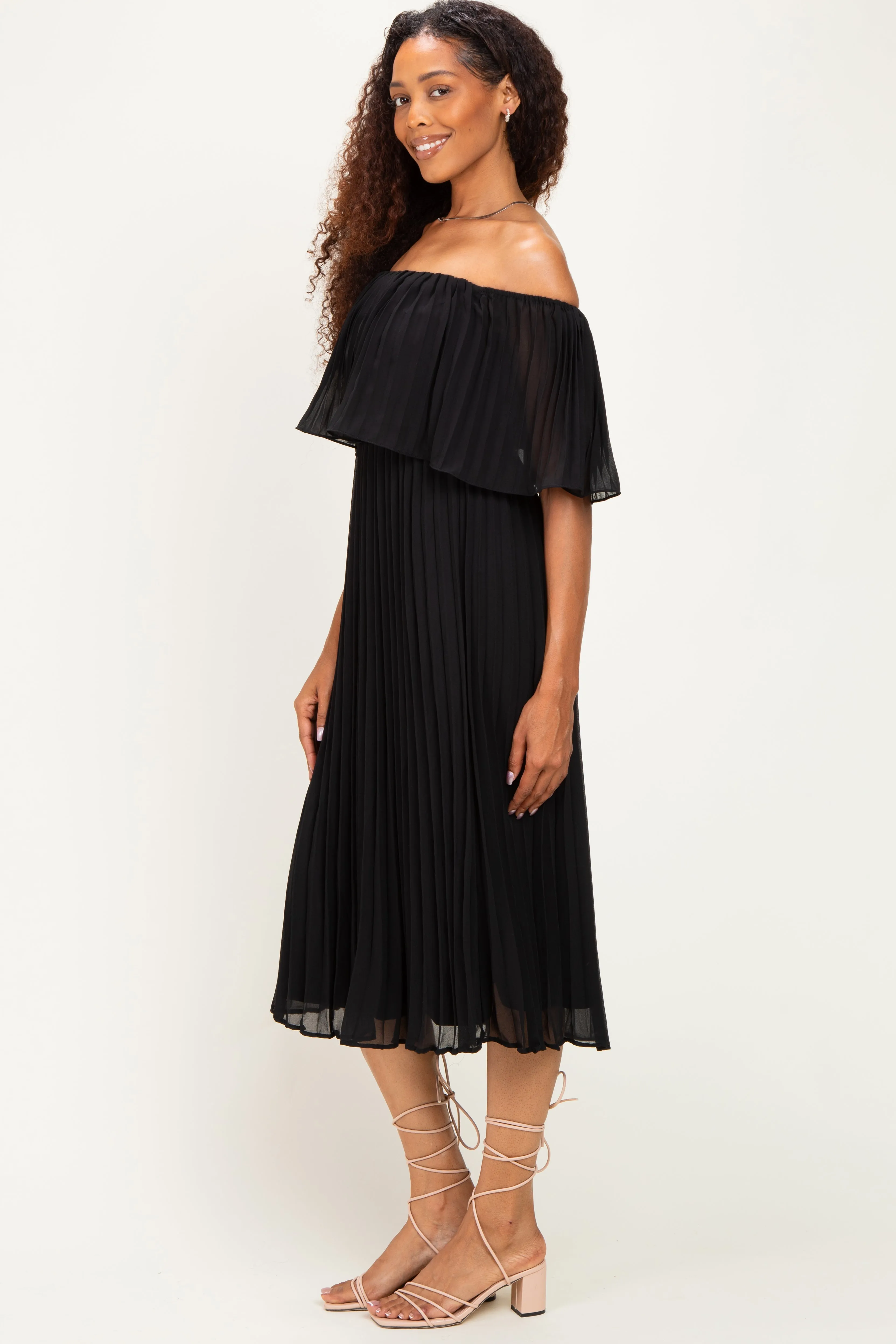 Black Pleated Off Shoulder Flounce Midi Dress sold by Pinkblush product image thumbnail 3