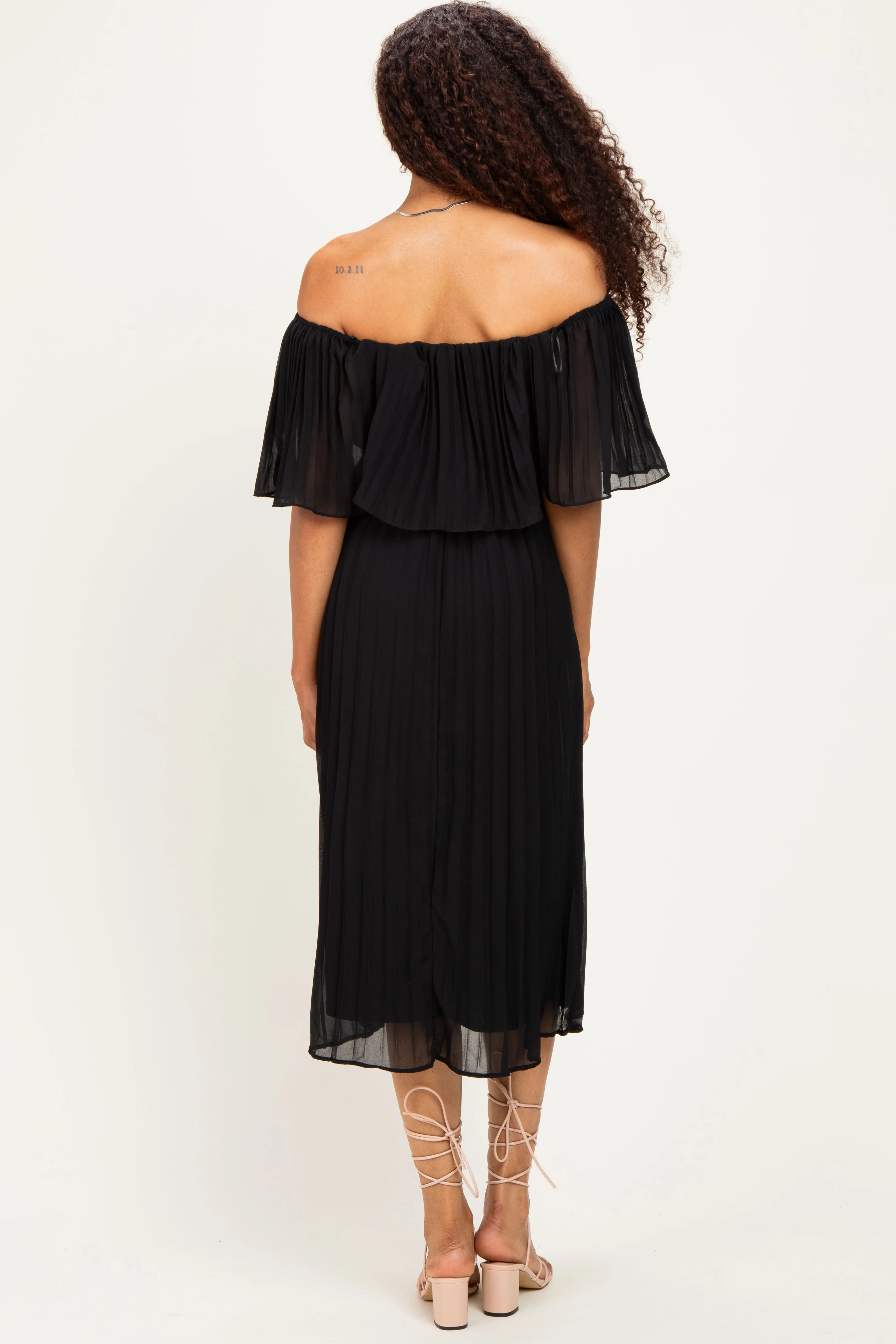 Black Pleated Off Shoulder Flounce Midi Dress sold by Pinkblush product image thumbnail 4