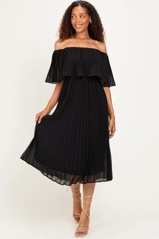 Black Pleated Off Shoulder Flounce Midi Dress made by Pinkblush