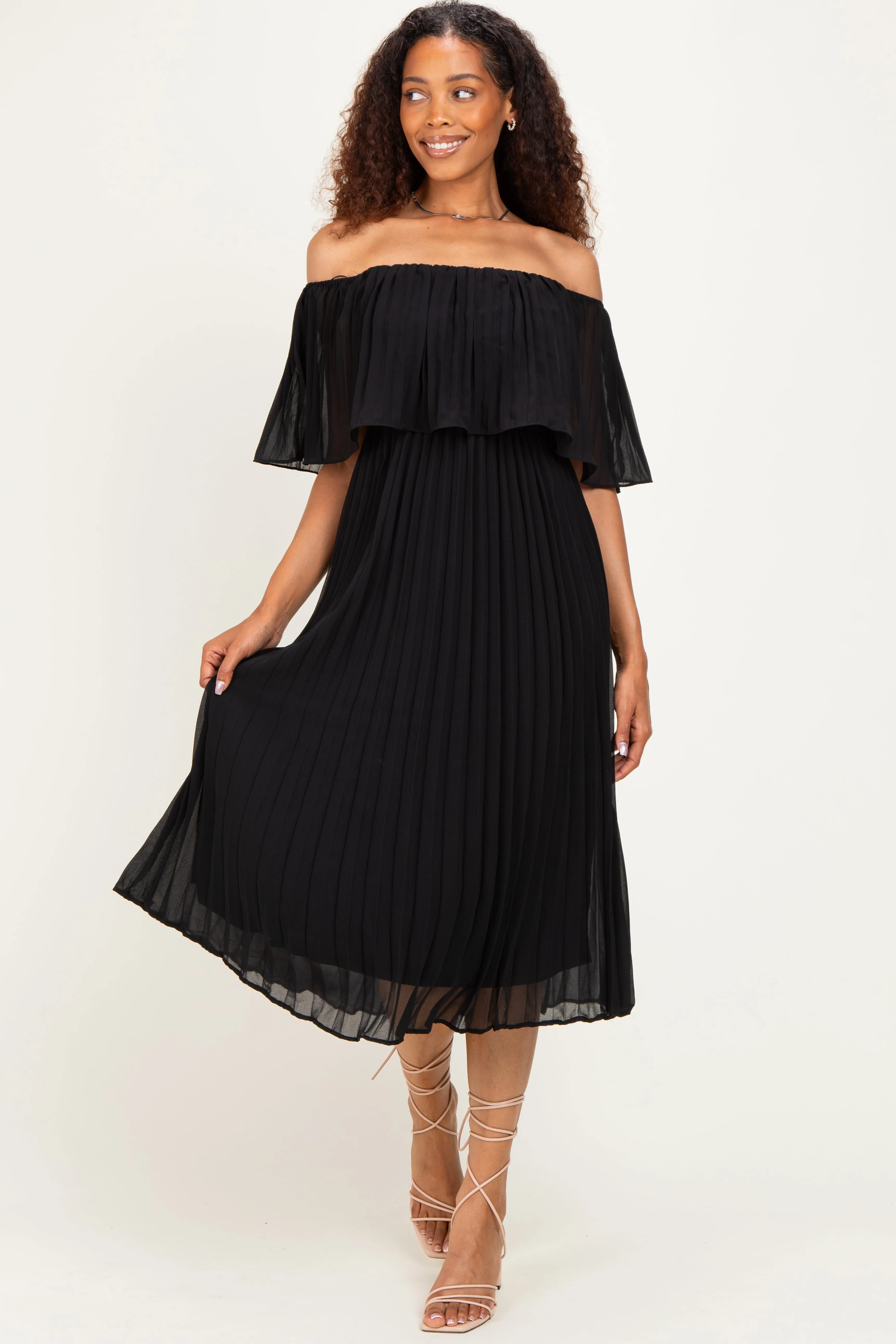 Black Pleated Off Shoulder Flounce Midi Dress sold by Pinkblush