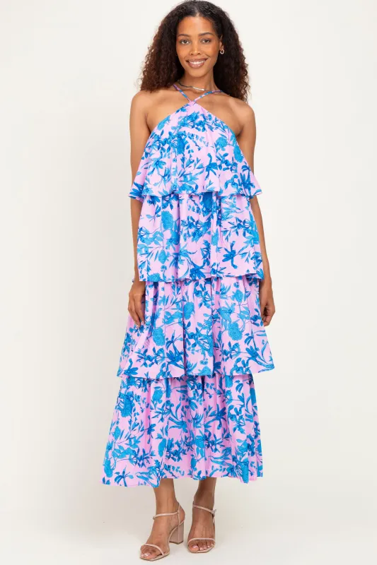 Pink Floral Flowy Tiered Maxi Dress made by entro