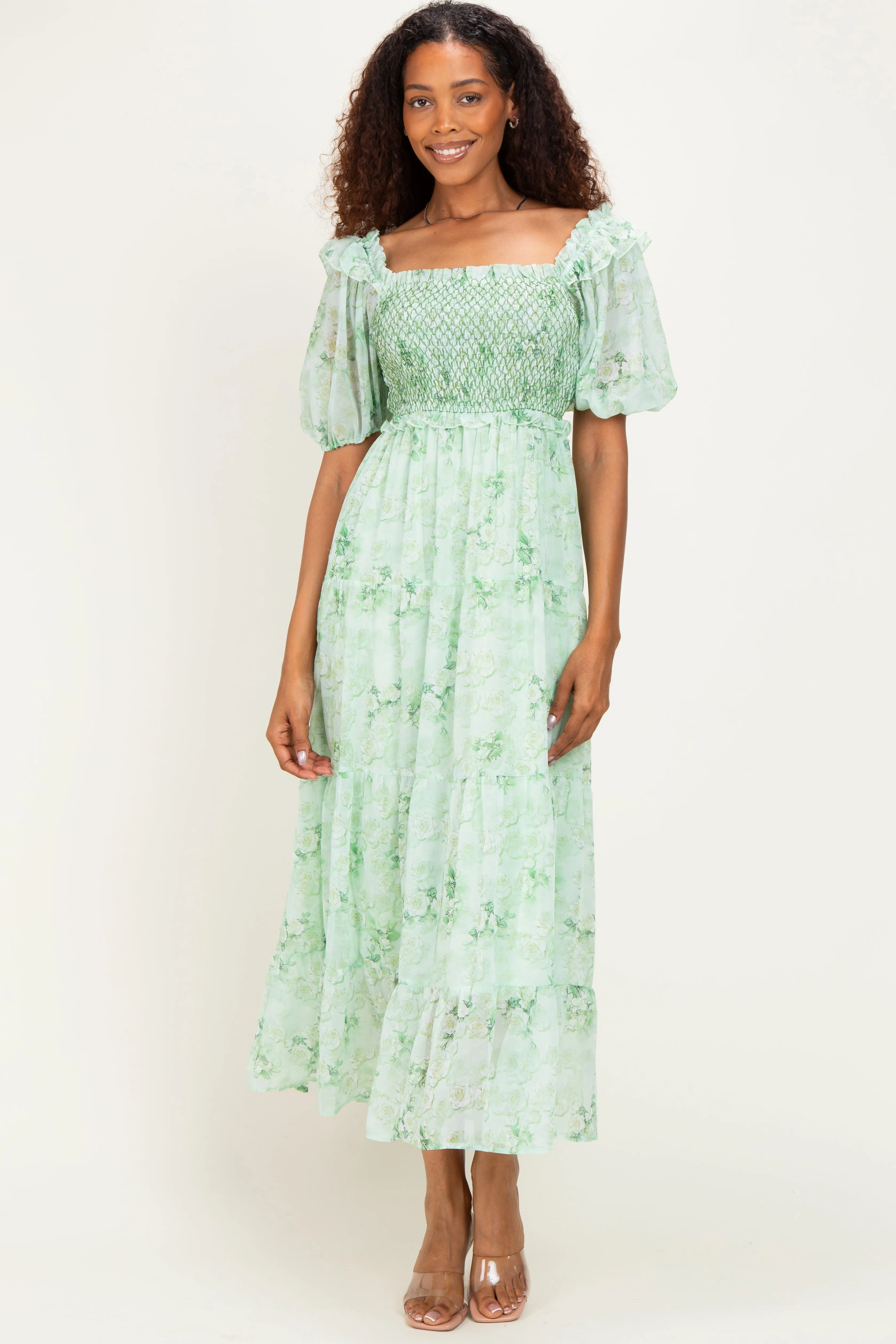 Mint Floral Chiffon Smocked Maxi Dress sold by Pinkblush