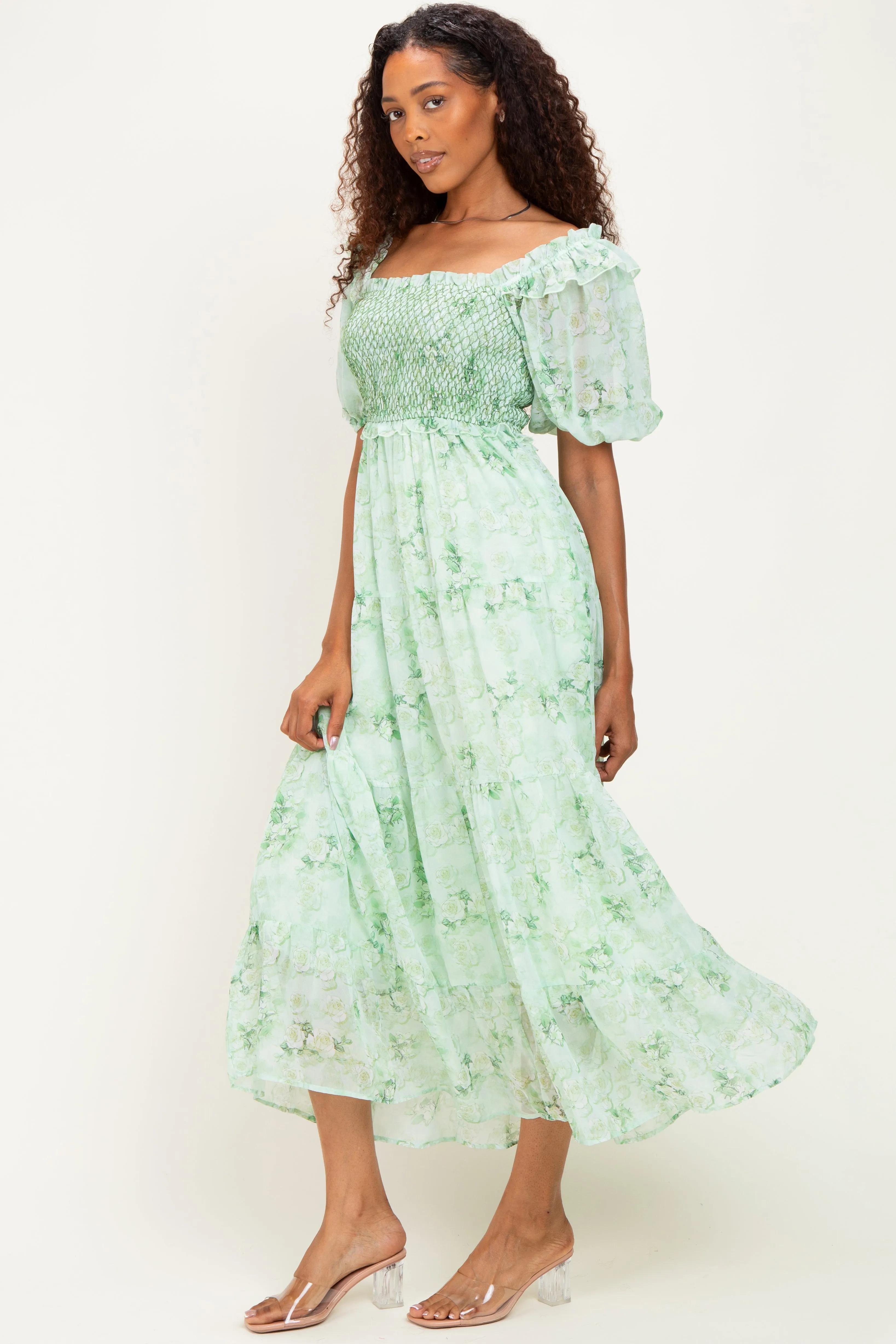 Mint Floral Chiffon Smocked Maxi Dress sold by Pinkblush product image thumbnail 2