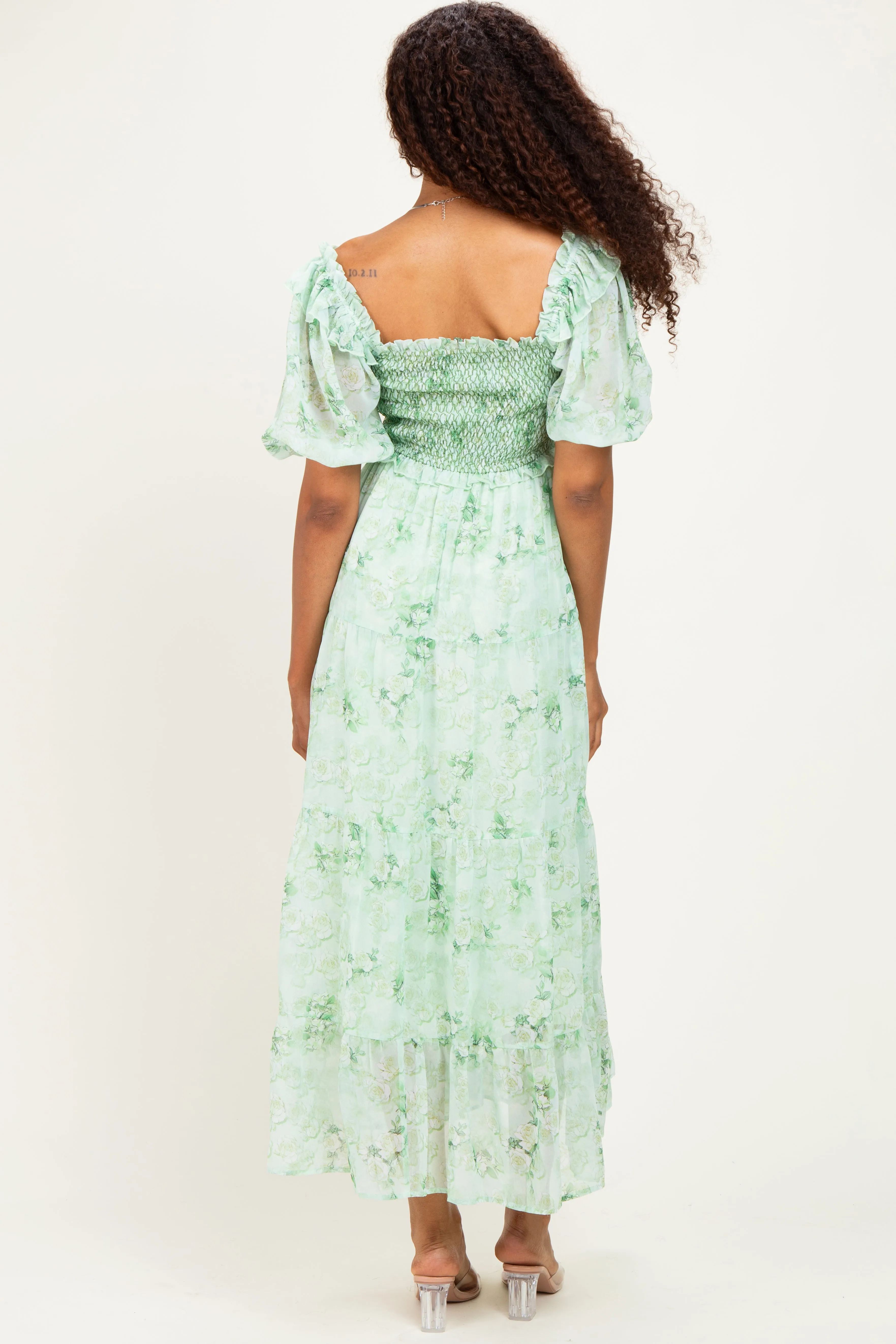 Mint Floral Chiffon Smocked Maxi Dress sold by Pinkblush product image thumbnail 3
