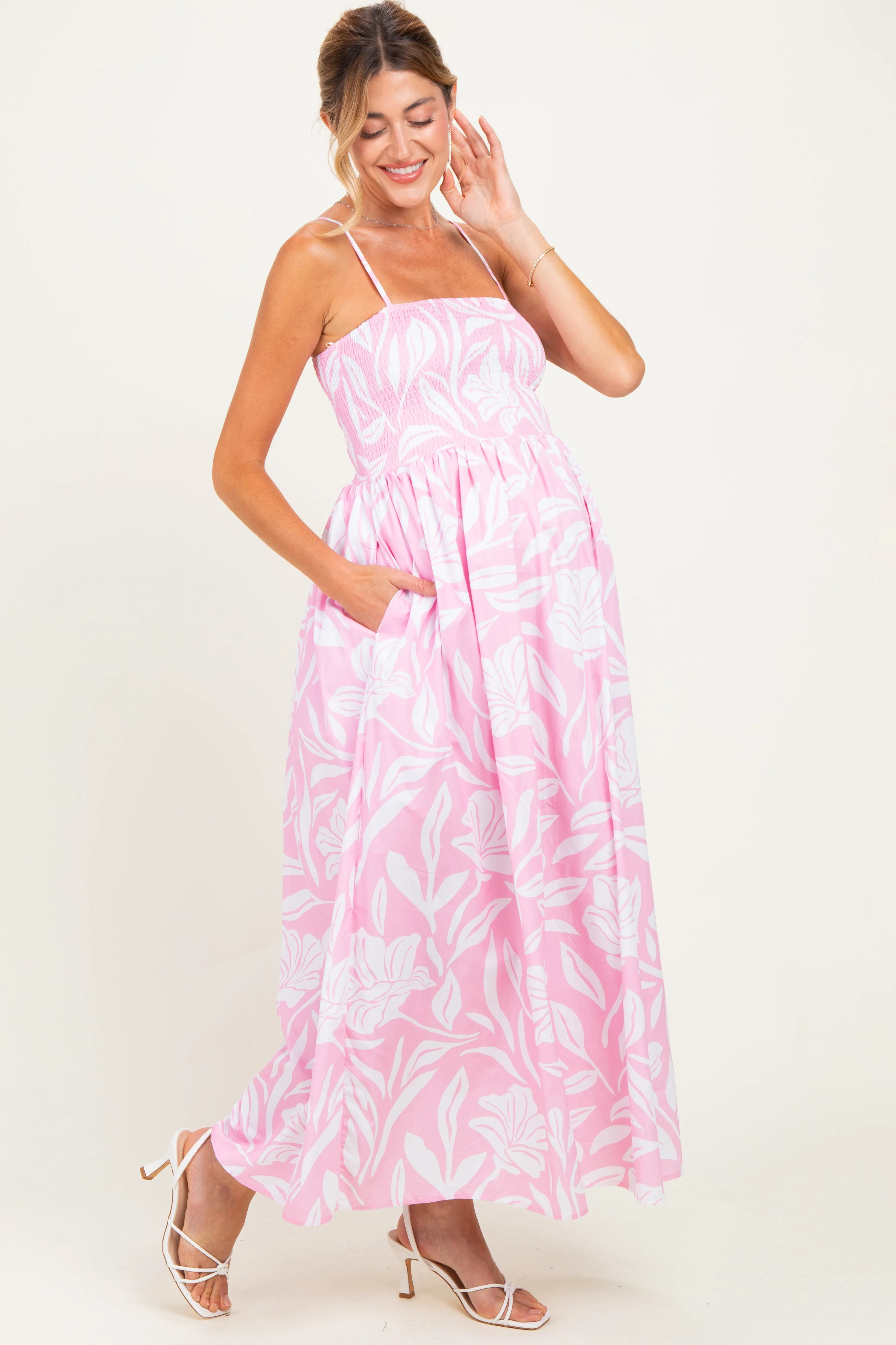 Light Pink Floral Smocked Maternity Midi Dress sold by Pinkblush product image thumbnail 2