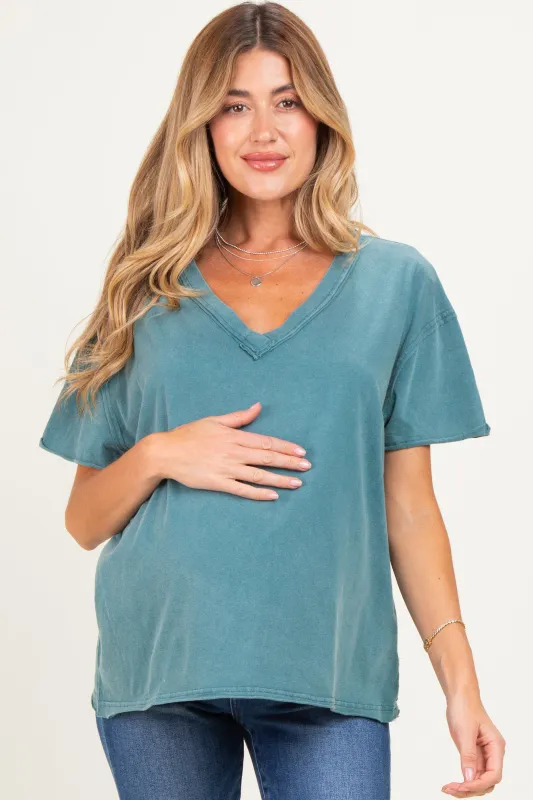 Teal Washed V-Neck Oversized Maternity Tee made by HYFVE
