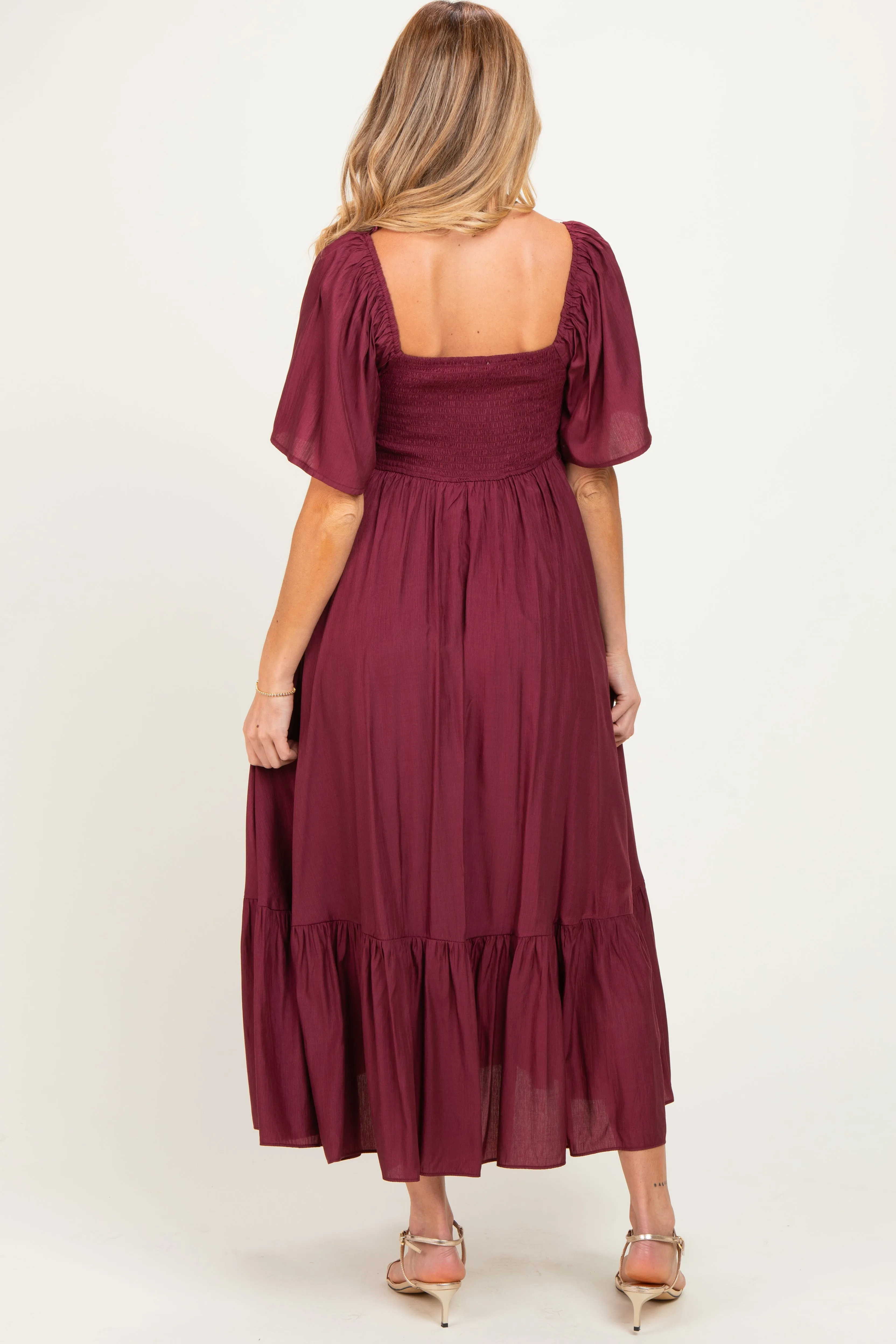 Burgundy Flutter Sleeve Ruffle Hem Maternity Midi Dress sold by Pinkblush product image thumbnail 3