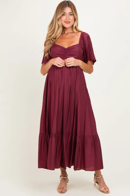 Burgundy Flutter Sleeve Ruffle Hem Maternity Midi Dress made by In February