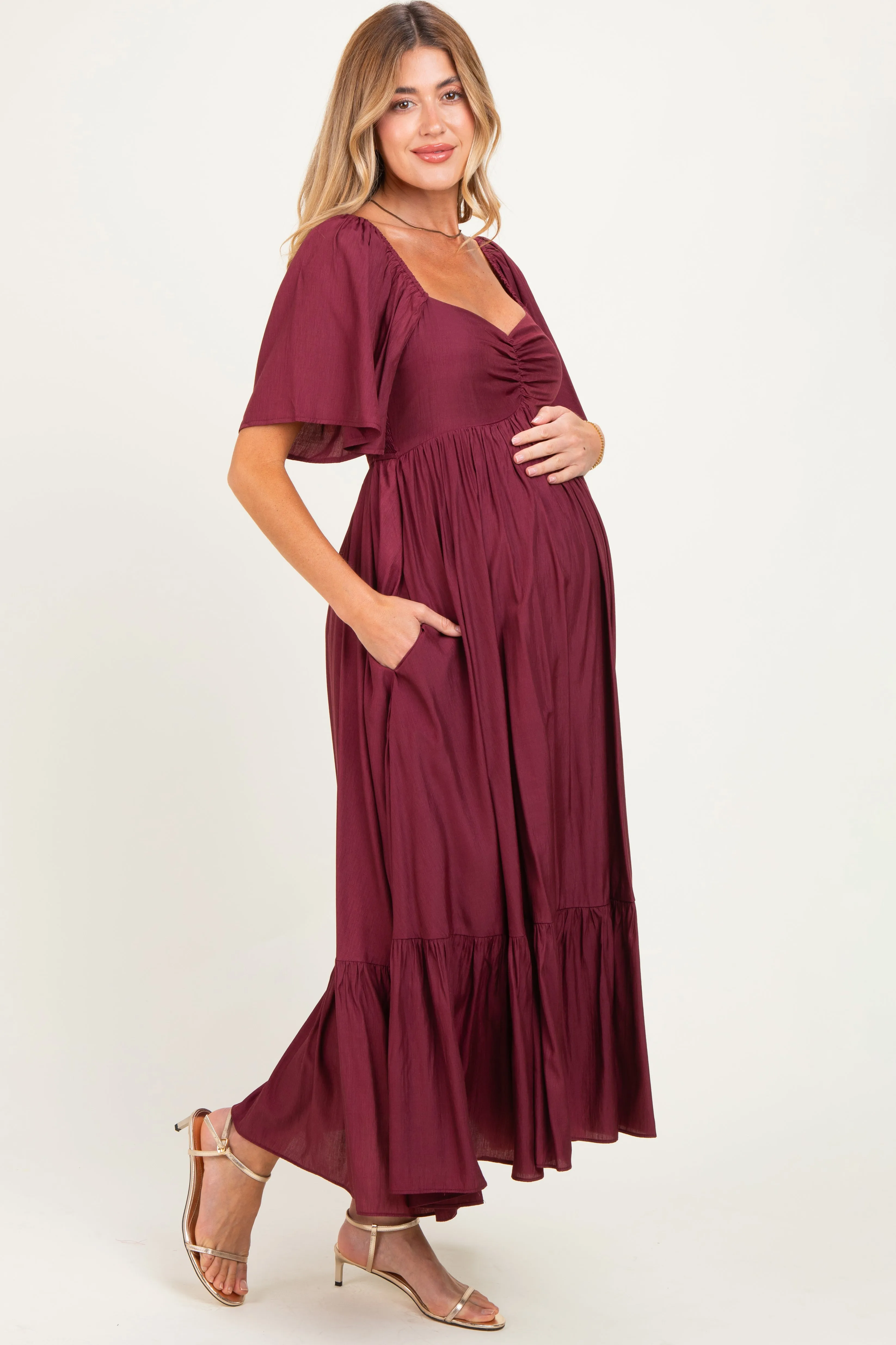 Burgundy Flutter Sleeve Ruffle Hem Maternity Midi Dress sold by Pinkblush product image thumbnail 2