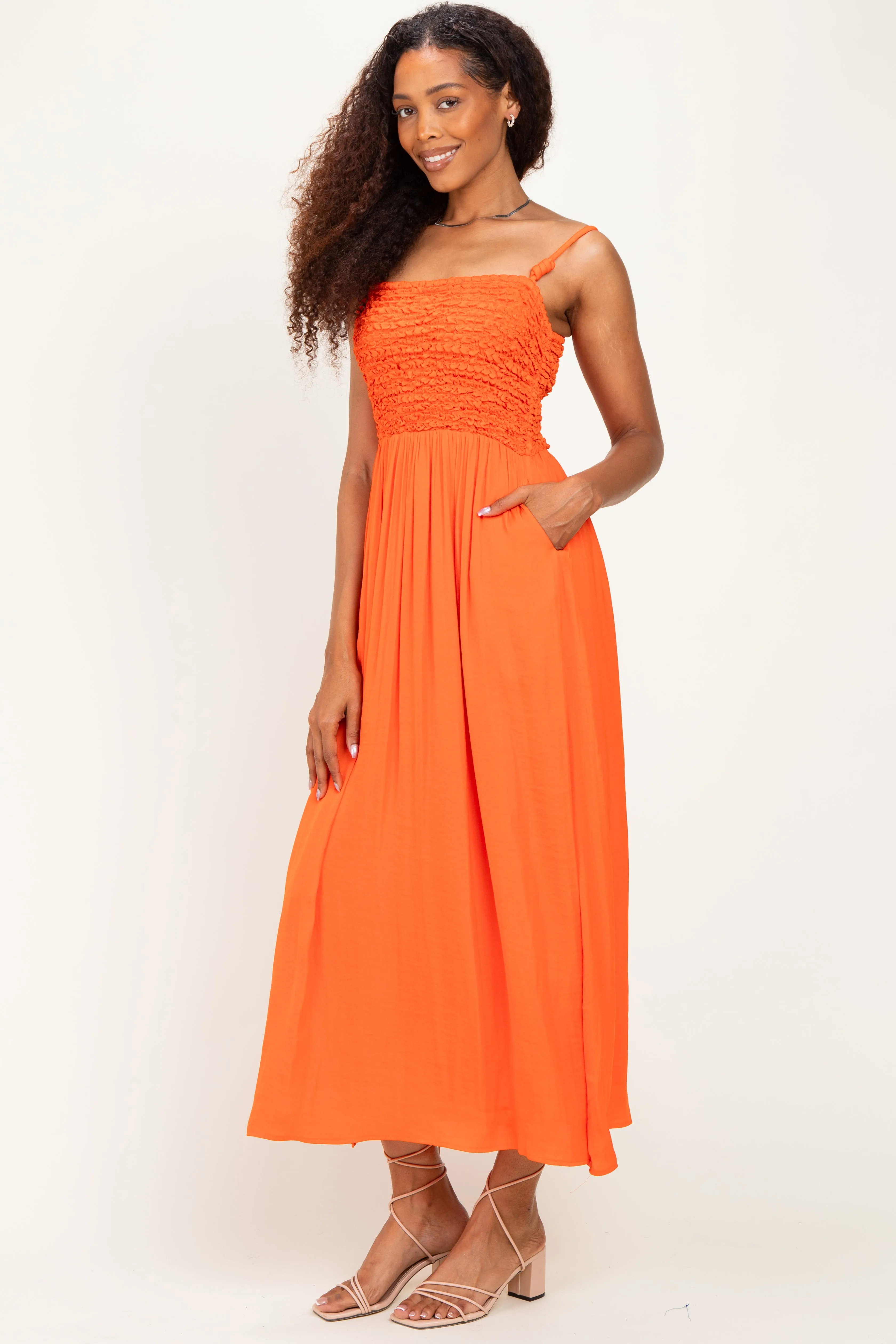 Orange Textured Smocked Maxi Dress sold by Pinkblush