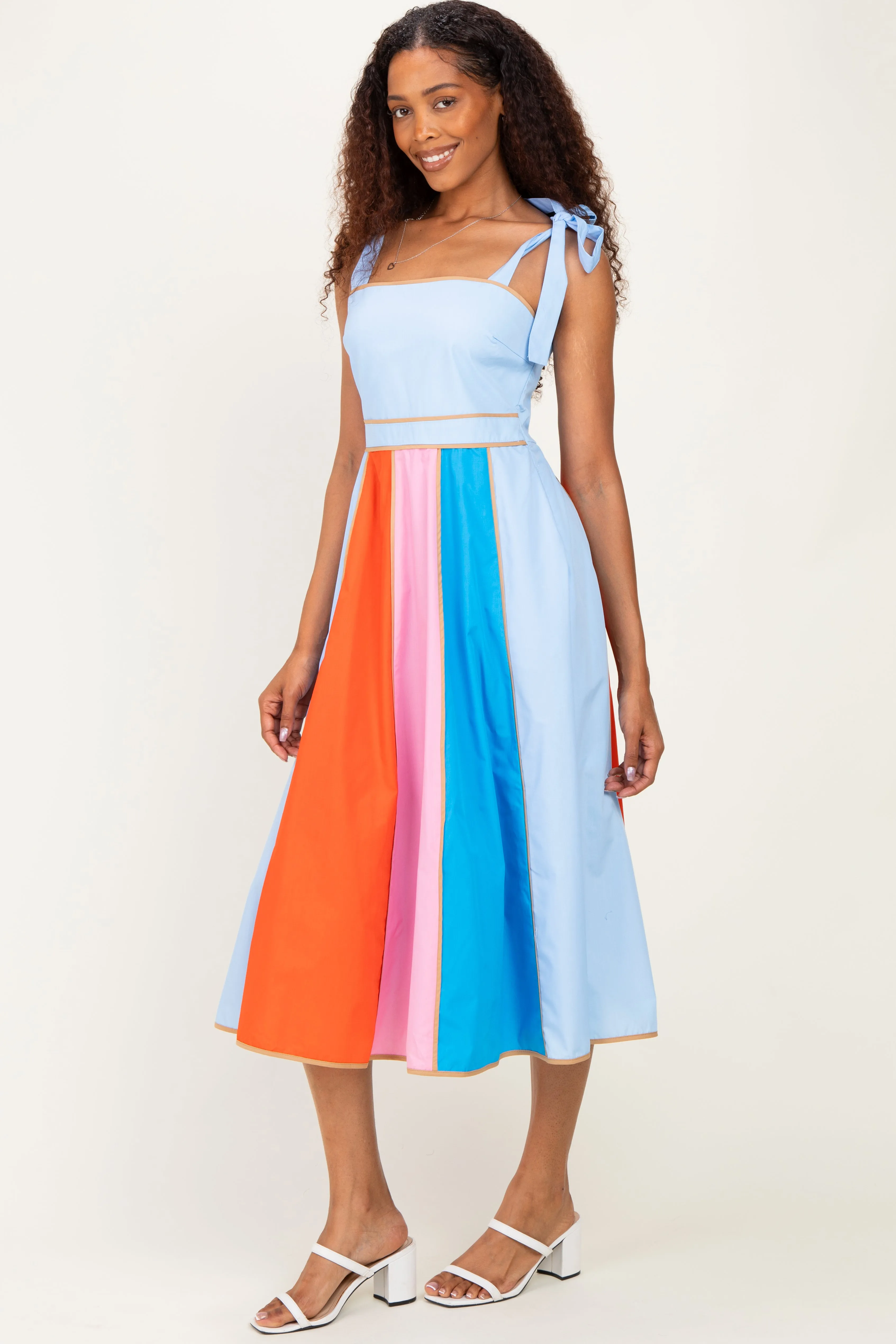 Light Blue Colorblock Shoulder Tie Midi Dress sold by Pinkblush product image thumbnail 2