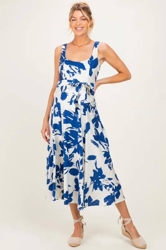 Blue Floral Square Neck Waist Tie Maternity Midi Dress made by Aakaa