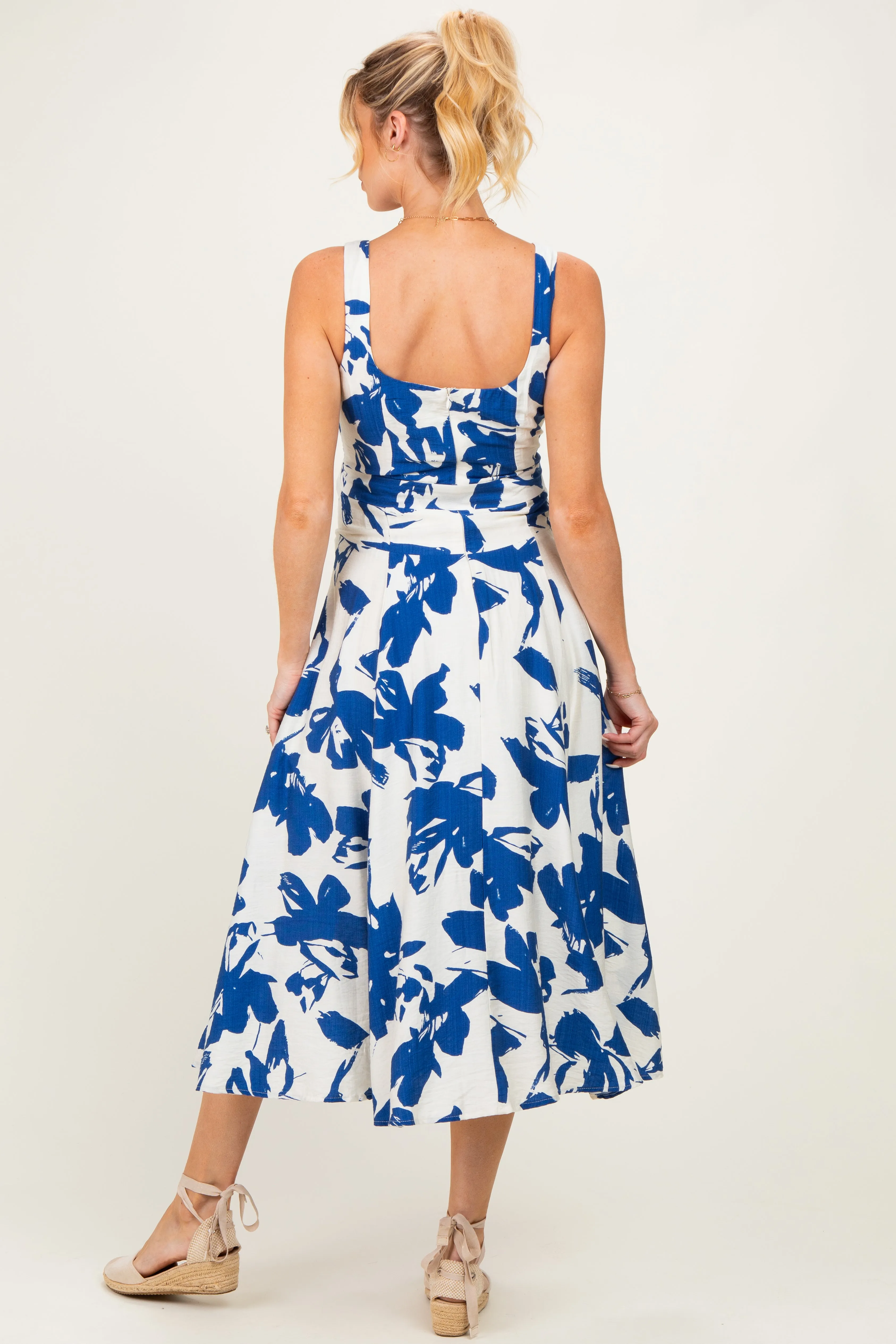 Blue Floral Square Neck Waist Tie Maternity Midi Dress sold by Pinkblush product image thumbnail 2