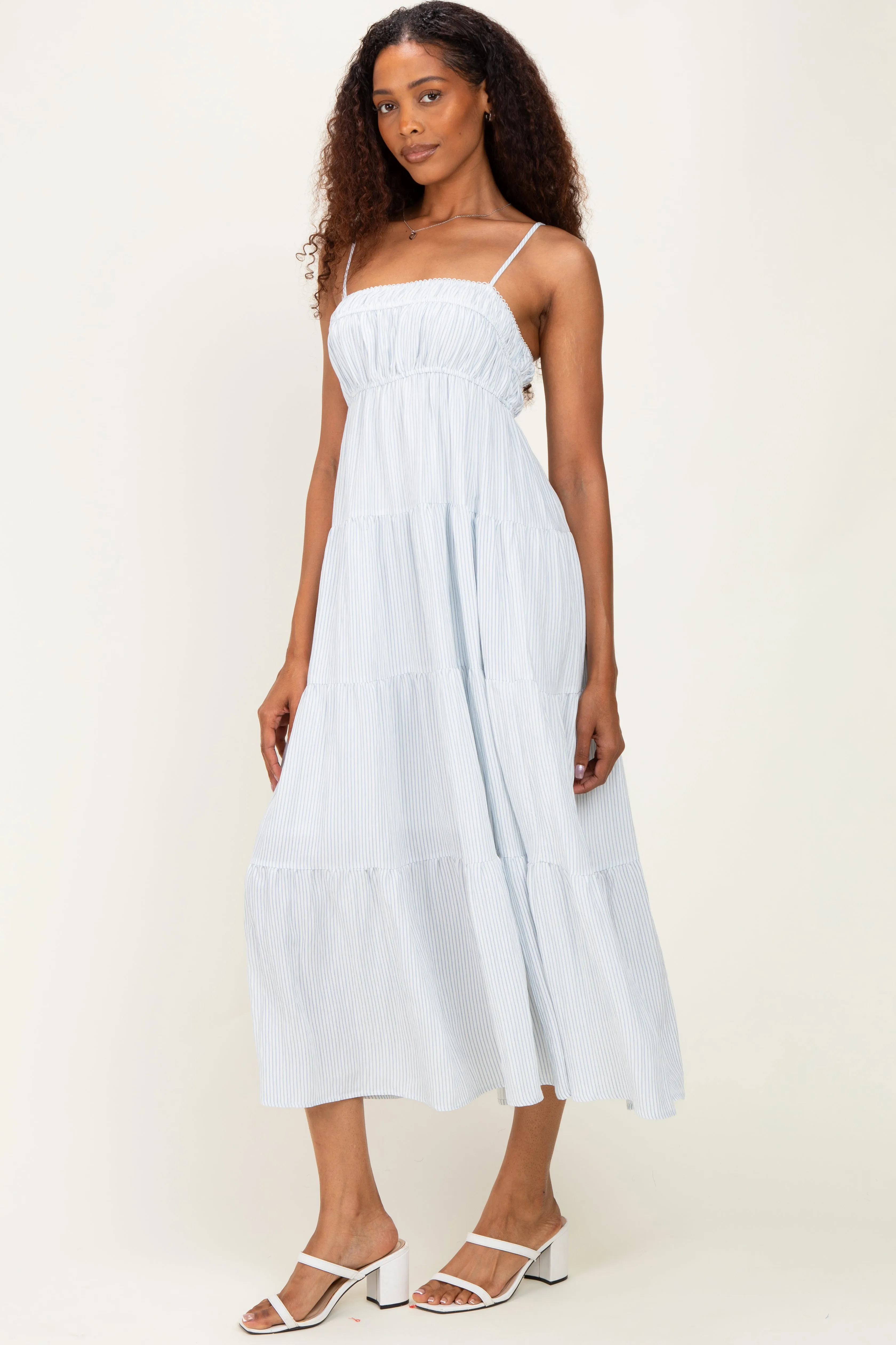 Blue Striped Empire Waist Tiered Midi Dress sold by Pinkblush product image thumbnail 2