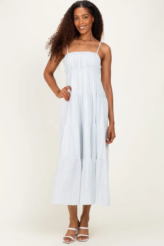 Blue Striped Empire Waist Tiered Midi Dress made by Pinkblush