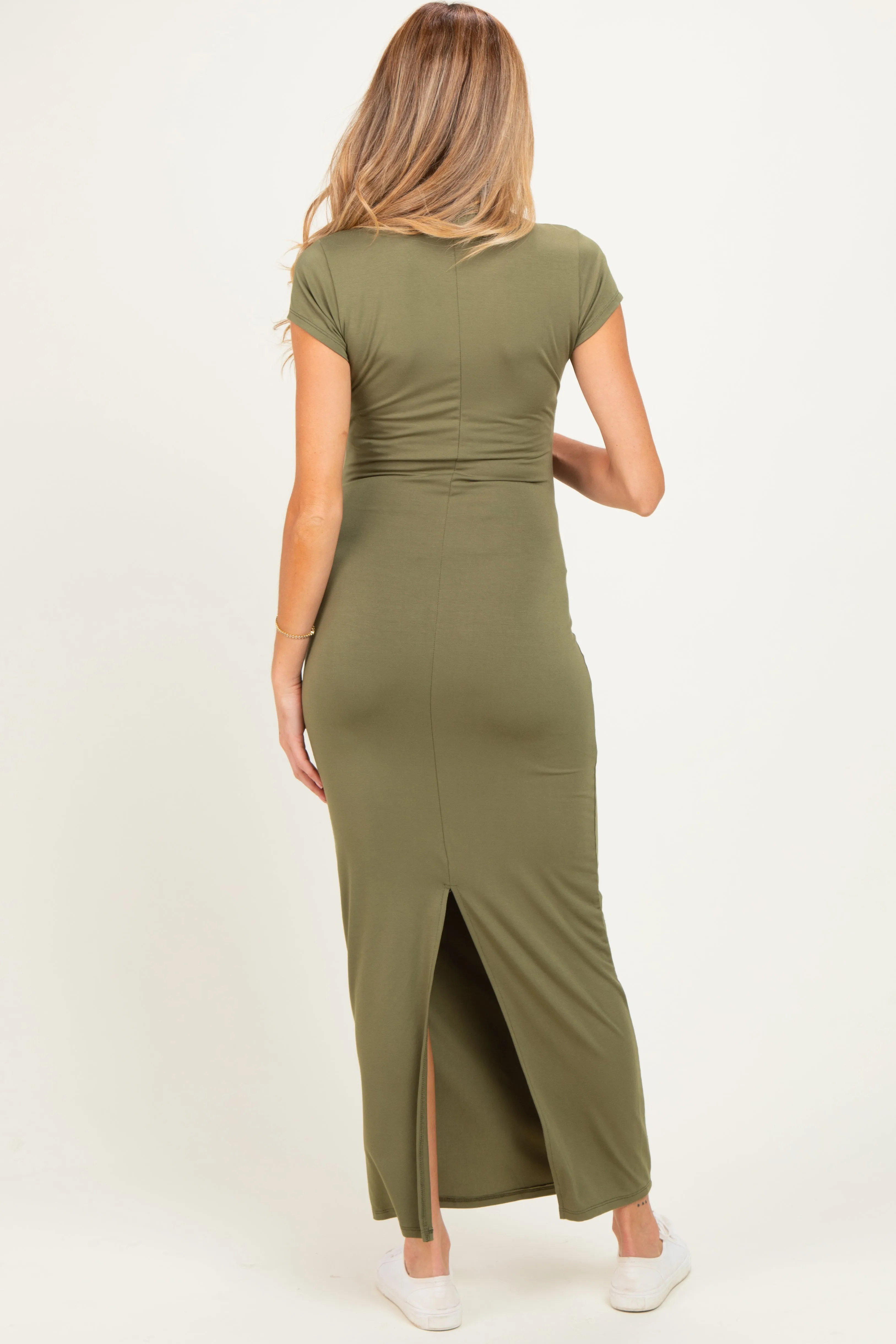 Olive Fitted Short Sleeve Maternity Maxi Dress sold by Pinkblush product image thumbnail 3