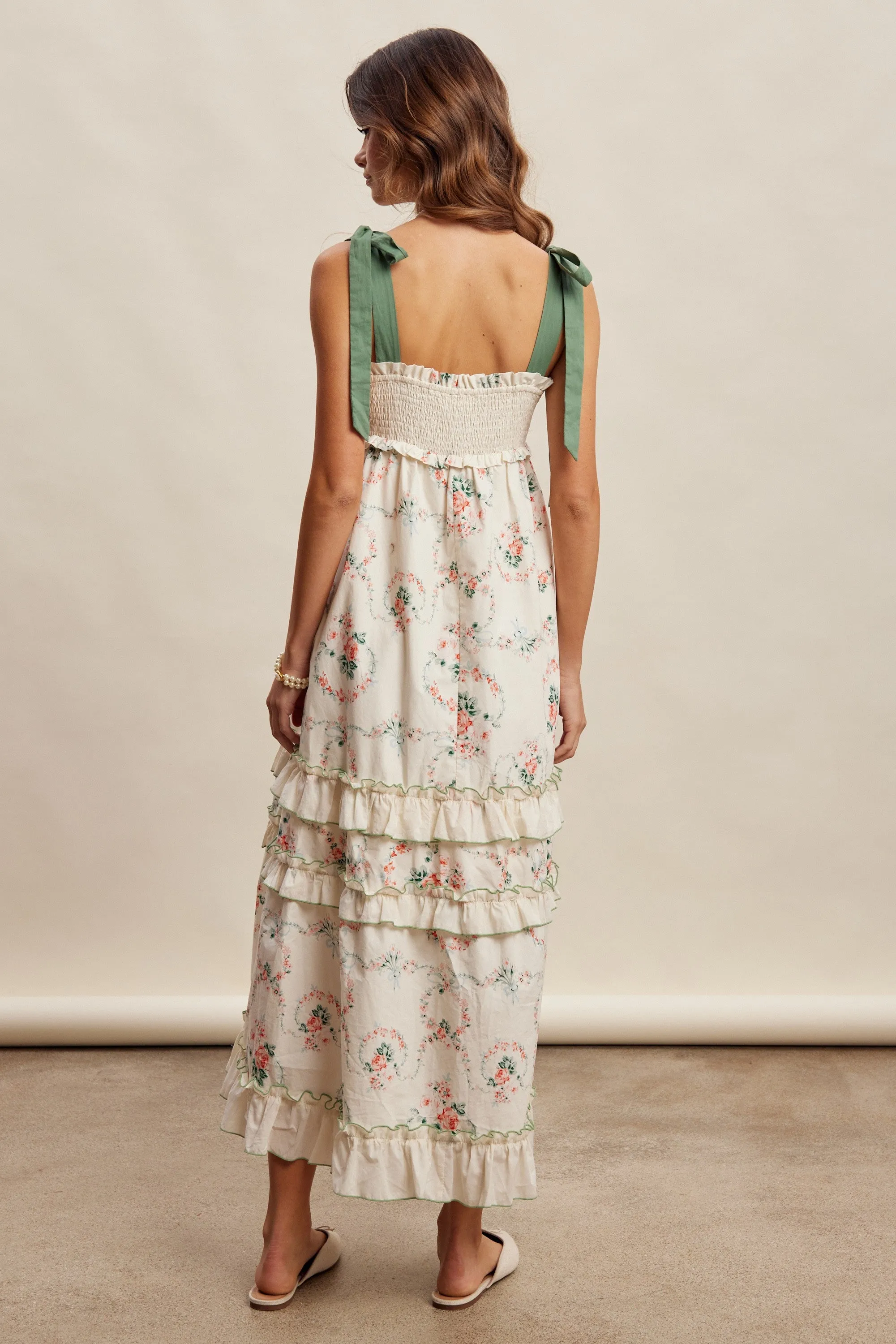 Ivory Floral Smocked Shoulder Tie Tiered Maxi Dress sold by Pinkblush product image thumbnail 4