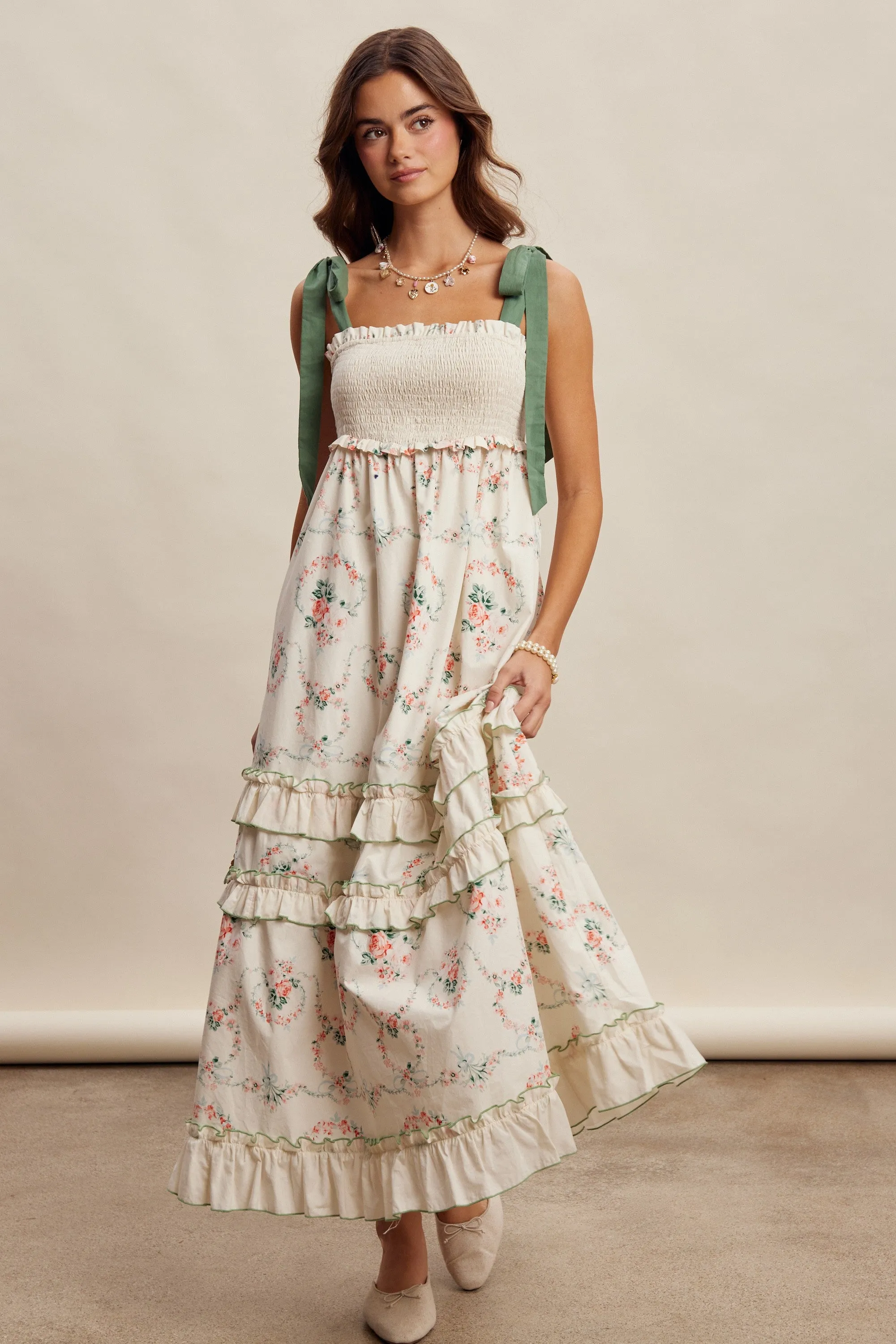 Ivory Floral Smocked Shoulder Tie Tiered Maxi Dress sold by Pinkblush