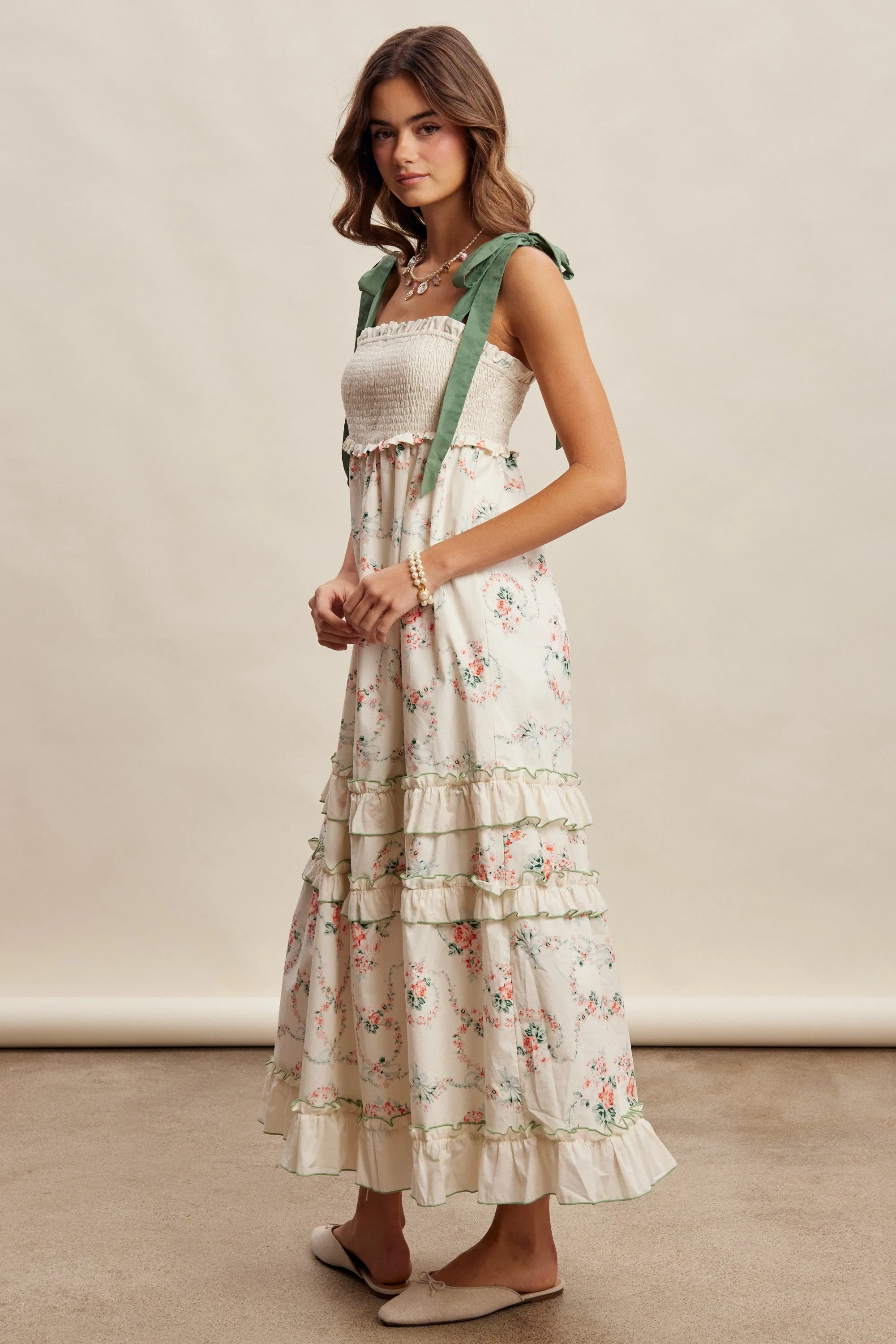 Ivory Floral Smocked Shoulder Tie Tiered Maxi Dress sold by Pinkblush product image thumbnail 3