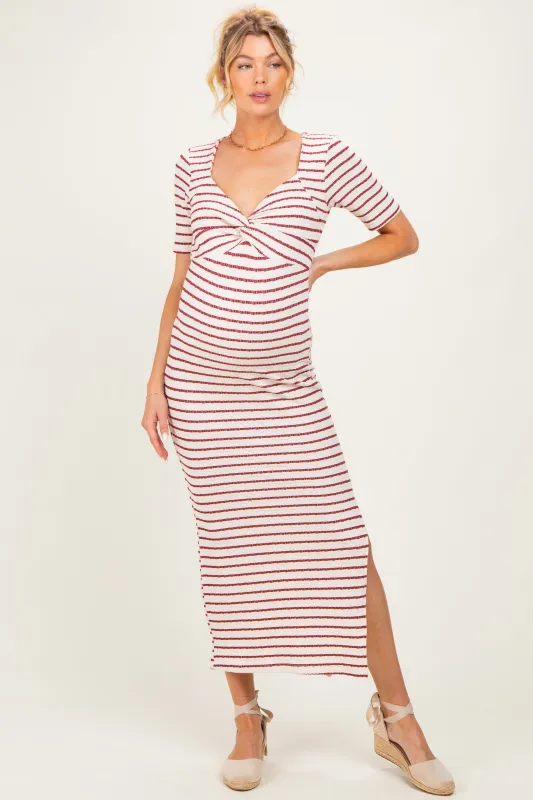 Cream/ Burgundy Striped Knit Short Sleeve Maternity Maxi Dress made by Pinkblush