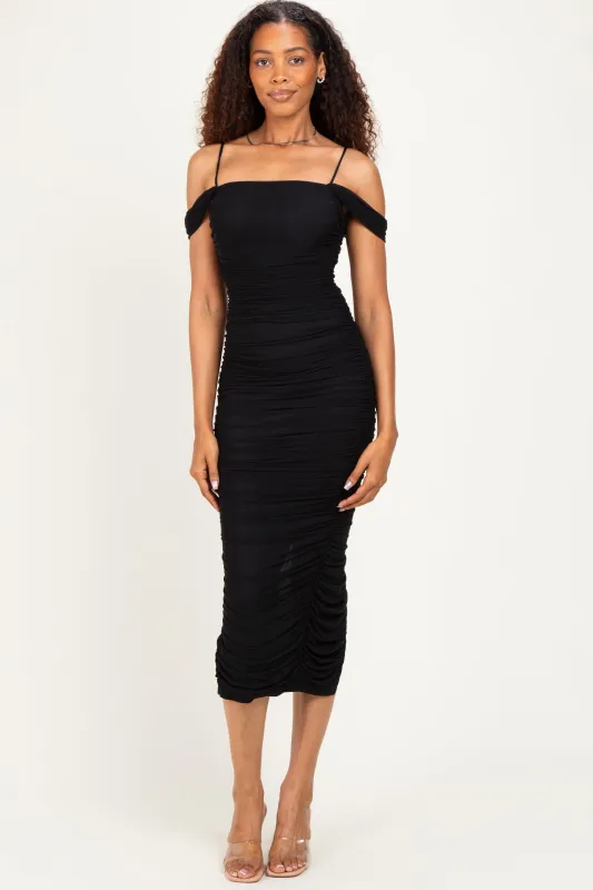 Black Ruched Mesh Off Shoulder Midi Dress made by privy